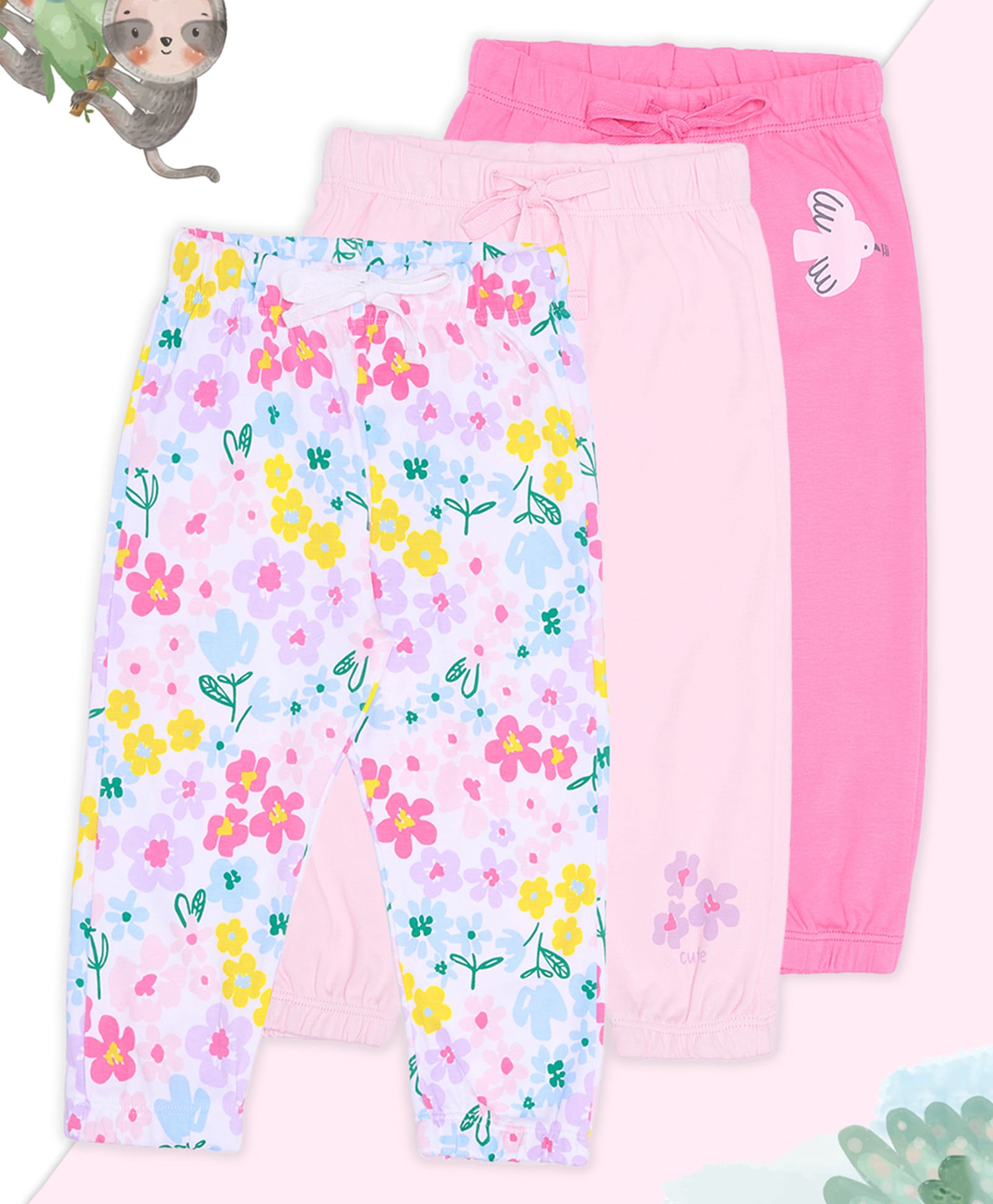 Pantaloons Baby Cotton Knit Pack Of 3 Floral & Bird Printed Joggers - Multi Colour-image-20