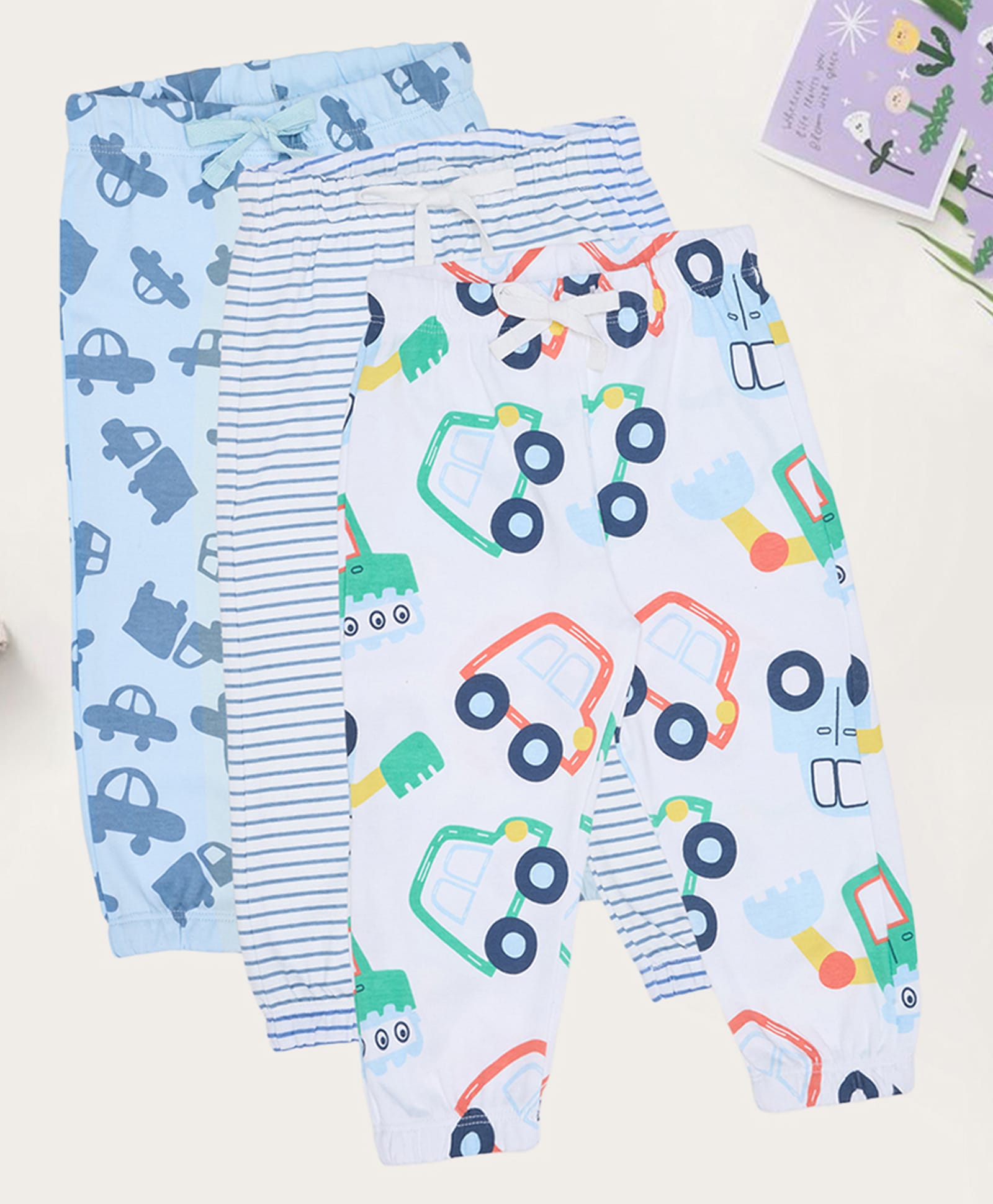 Pantaloons Baby Cotton Knit Pack Of 3 Striped & Cars Printed Joggers - Blue-picture-39