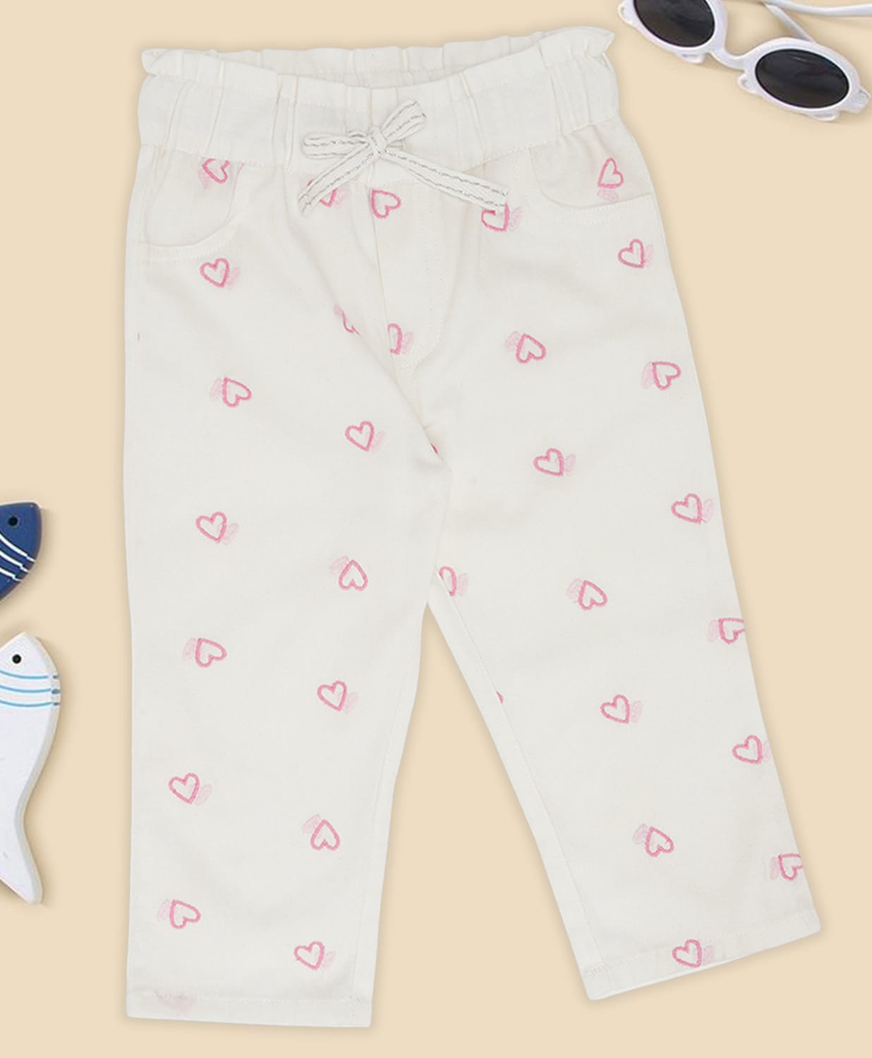 Pantaloons Baby Cotton Denim Heart Embroidered Trouser - Off White-picture-25