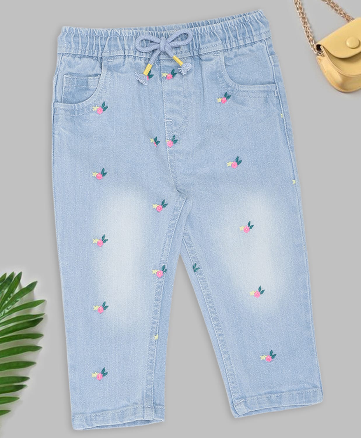 Pantaloons Baby Cotton Denim Floral Embroidered Mild Washed Jeans - Light Blue-picture-19