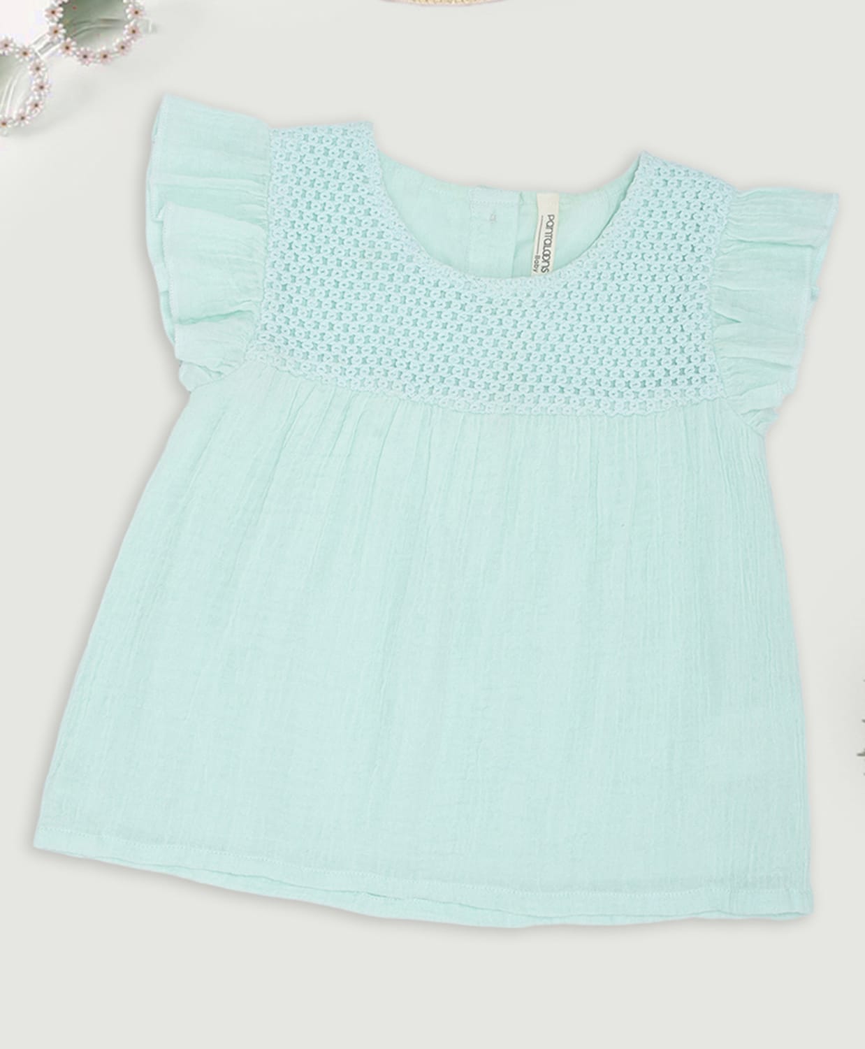 Pantaloons Baby Cotton Knit Sleeveless Frill Detailed Geometric Embroidered Top - Mint-picture-30