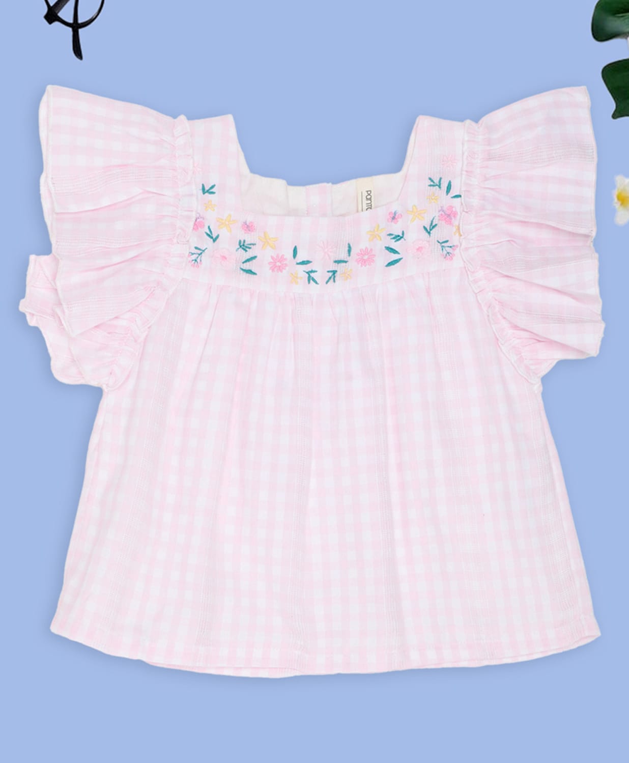 Pantaloons Baby Cotton Sleeveless Checked & Floral Embroidered Top - Pink-image-18