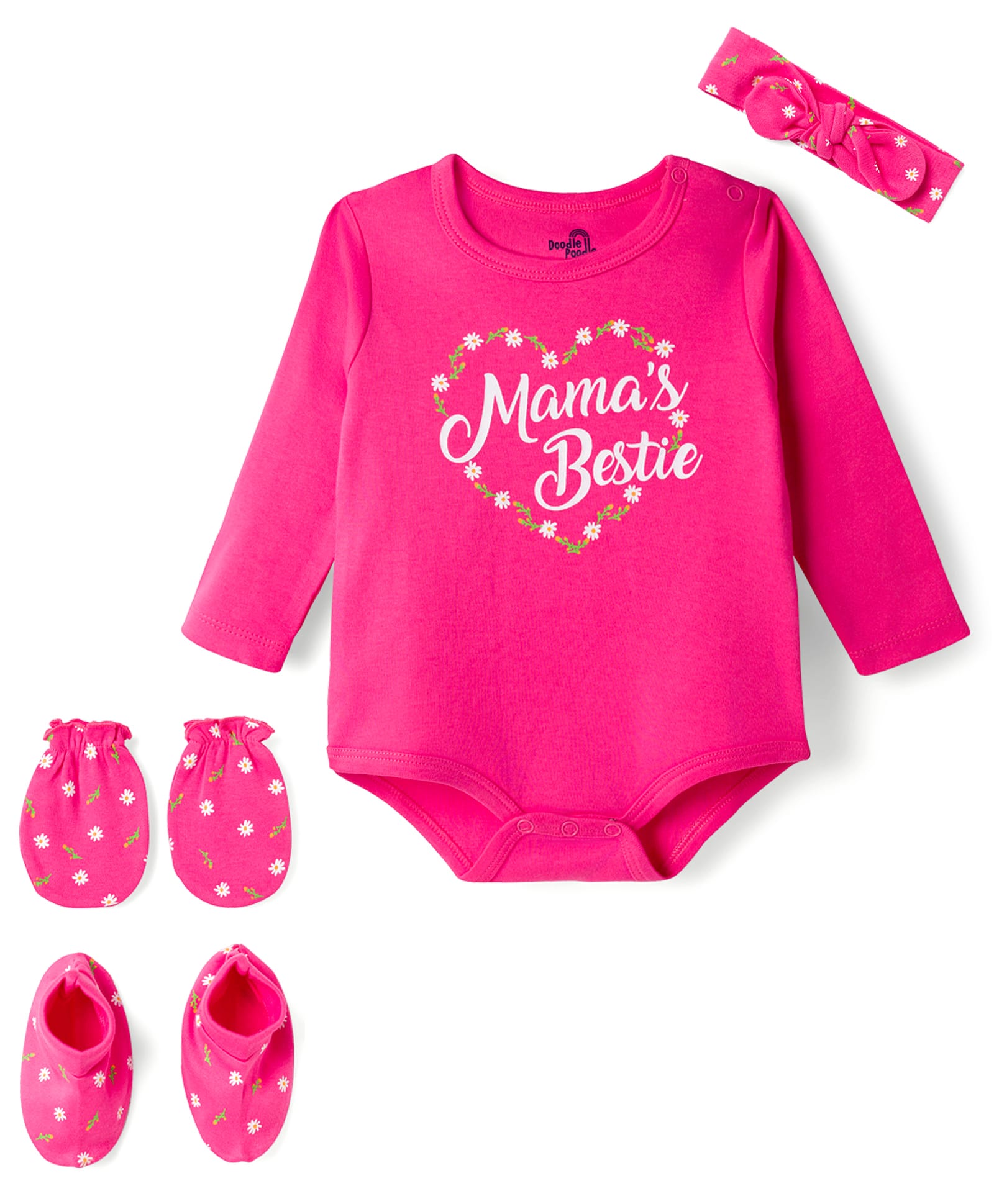 Doodle Poodle 100% Cotton Knit Full Sleeves Printed Onesie With Mittens Booties & Headband - Dark Pink-image-34