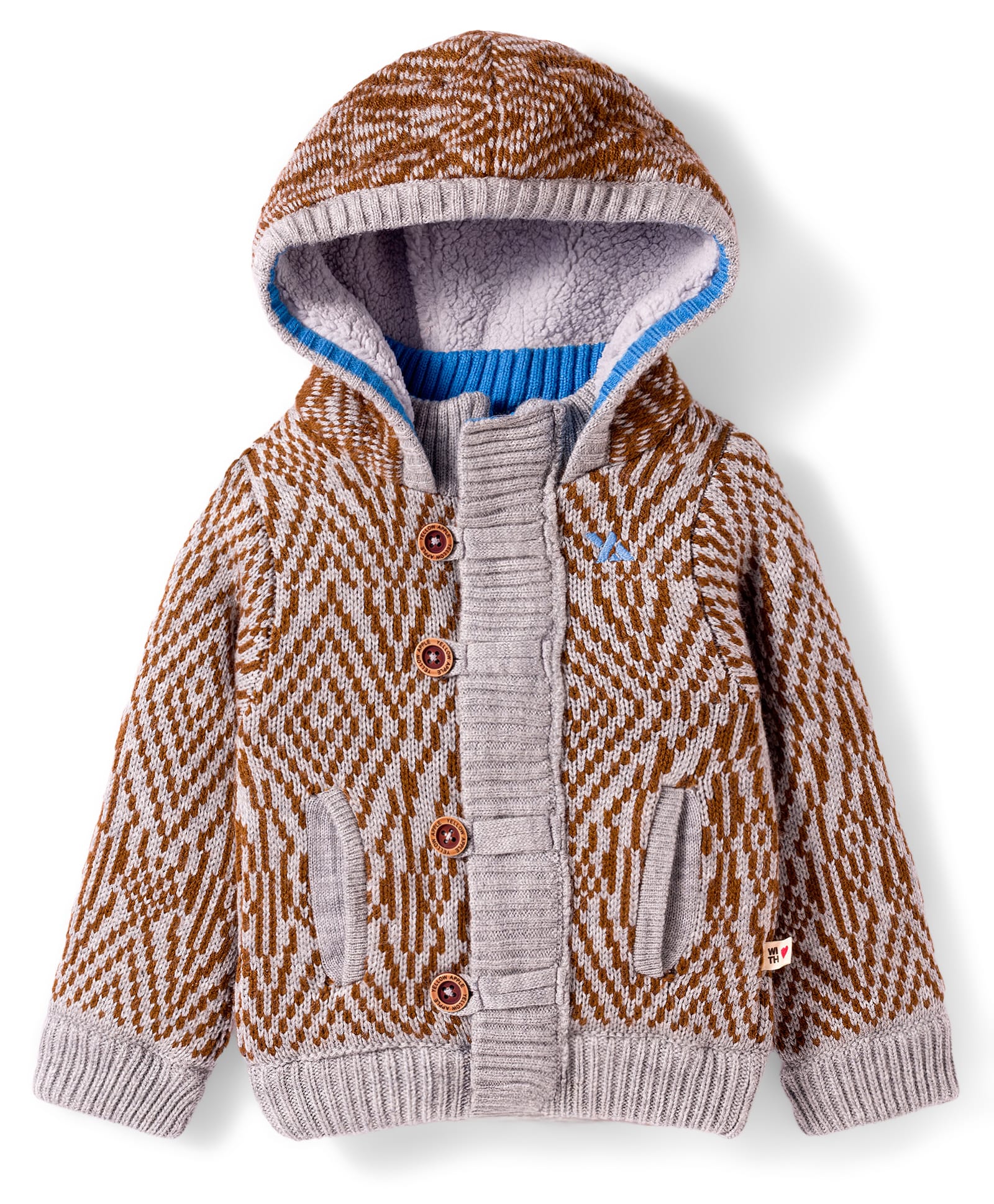 Yellow Apple Knit Full Sleeves Hooded Front Open Sweater with Patch Detailing - Brown-picture-34