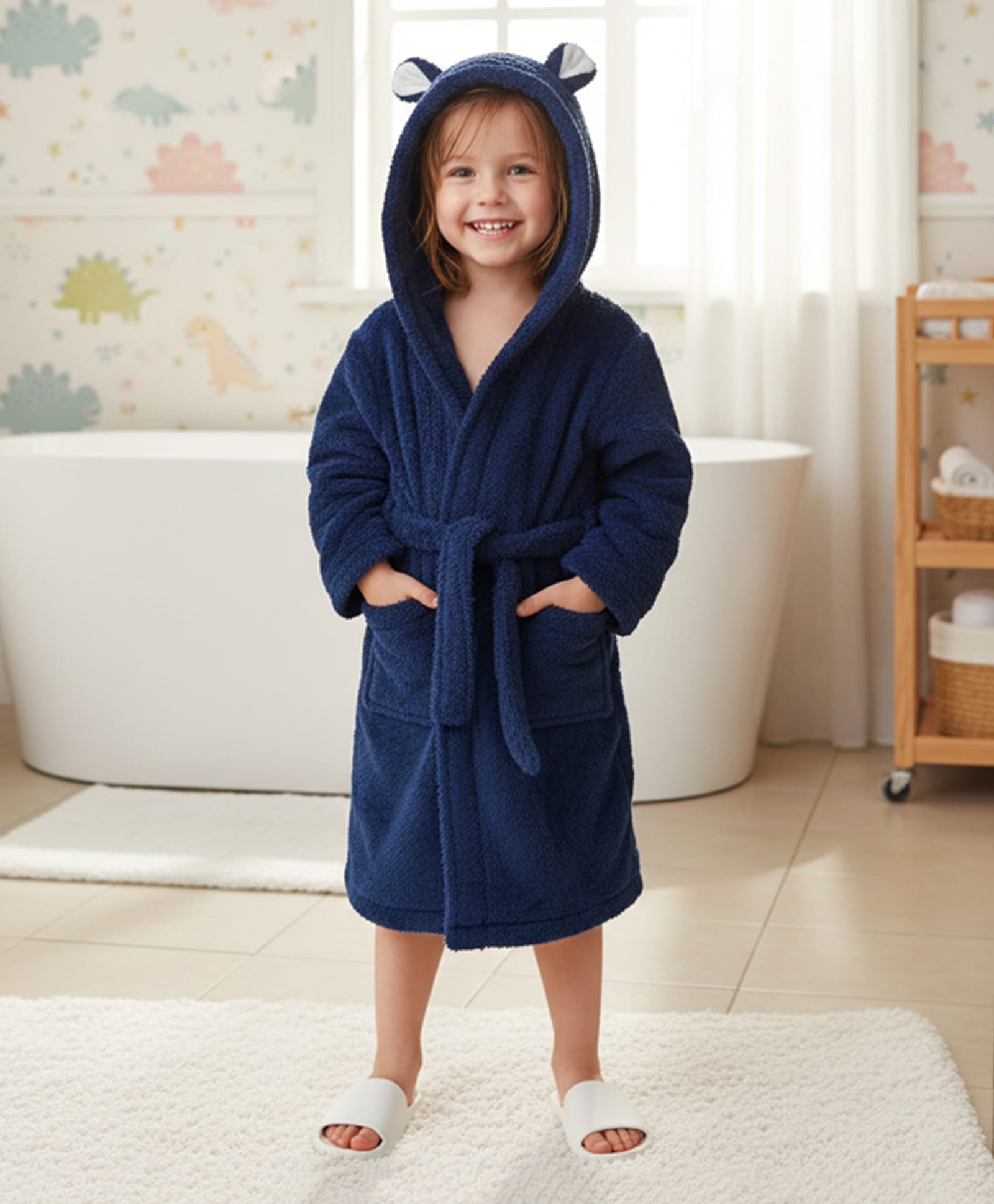Babyhug Cotton Knit Full Sleeves Hooded Bathrobe With Ear Applique - Navy Blue-image-3