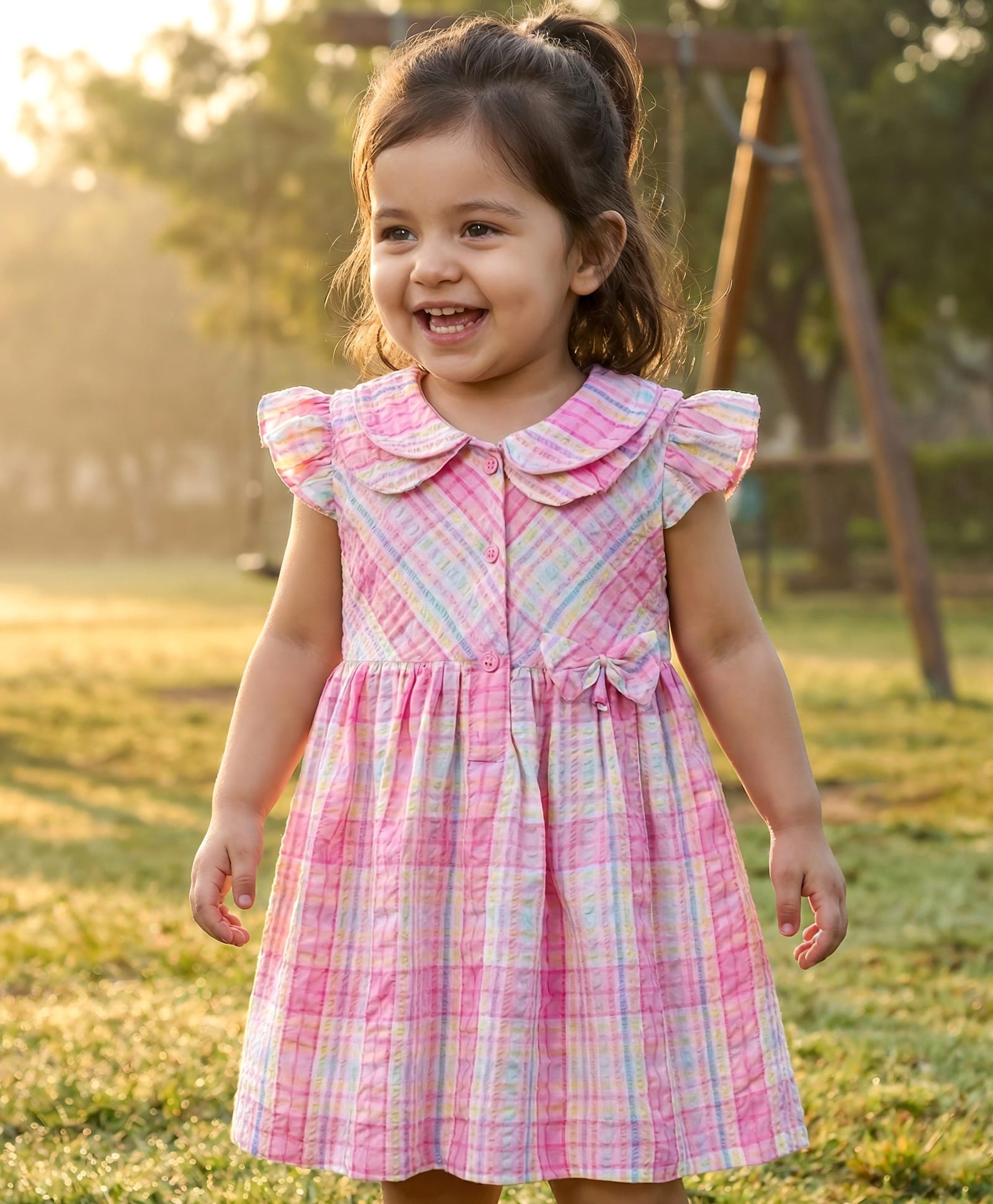 Babyhug Cotton Woven Frill Sleeves Checkered Frock - Multicolor-image-46