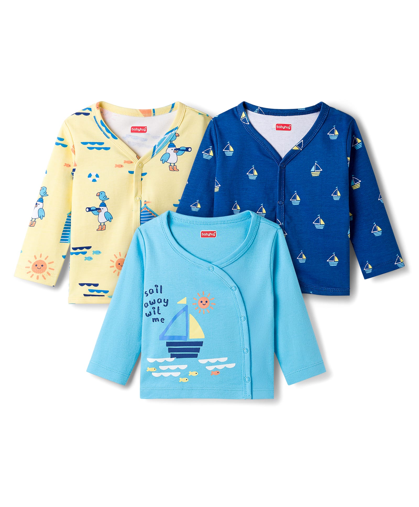 Babyhug 100% Cotton Knit Full Sleeves Front Open Jhablas with Nautical Theme Print Pack of 3 - Yellow Navy & Light Blue-picture-24