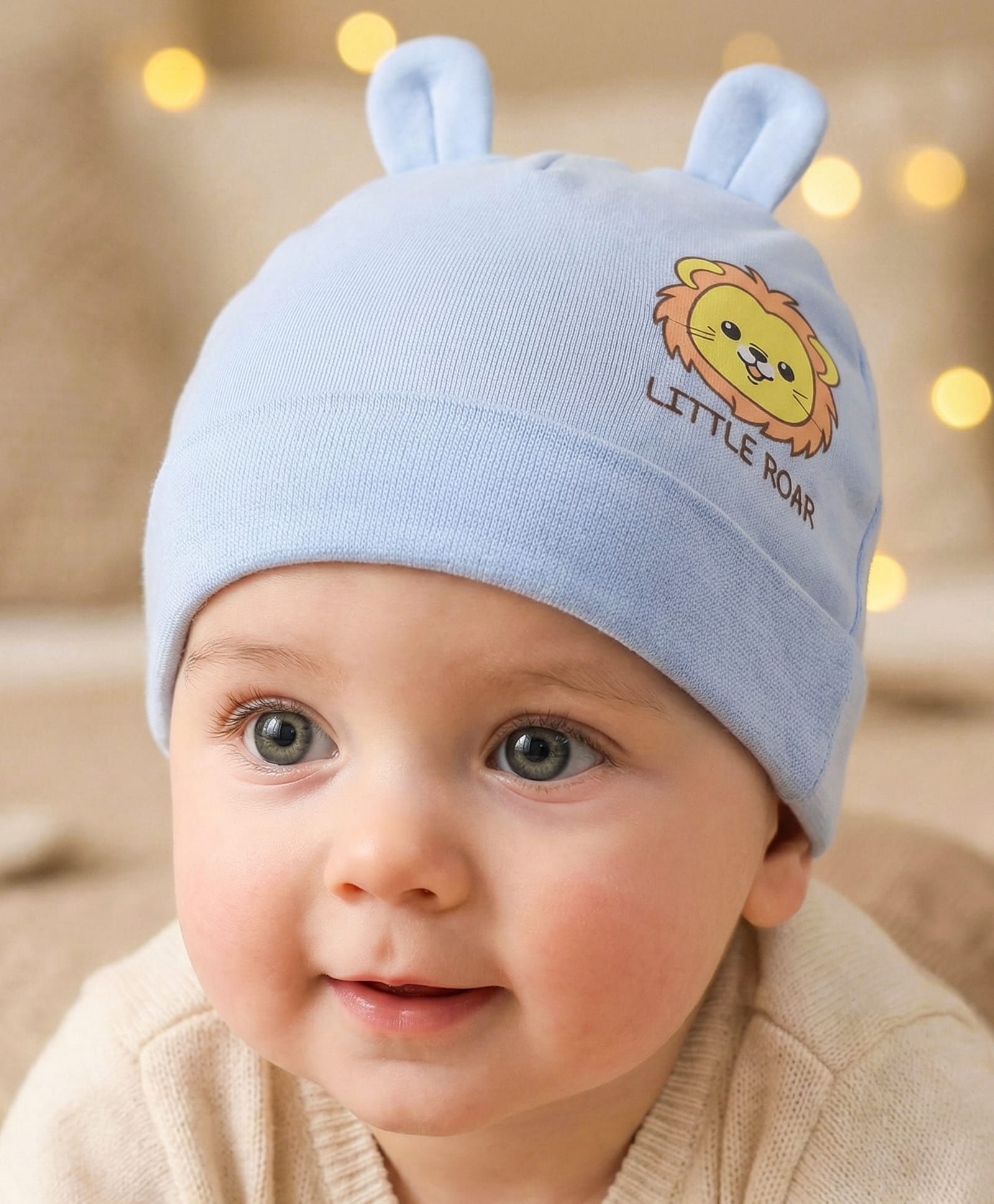 Babyoye Interlock Knit Cap With Lion Print Aqua - Diameter 15.5 cm-image-4