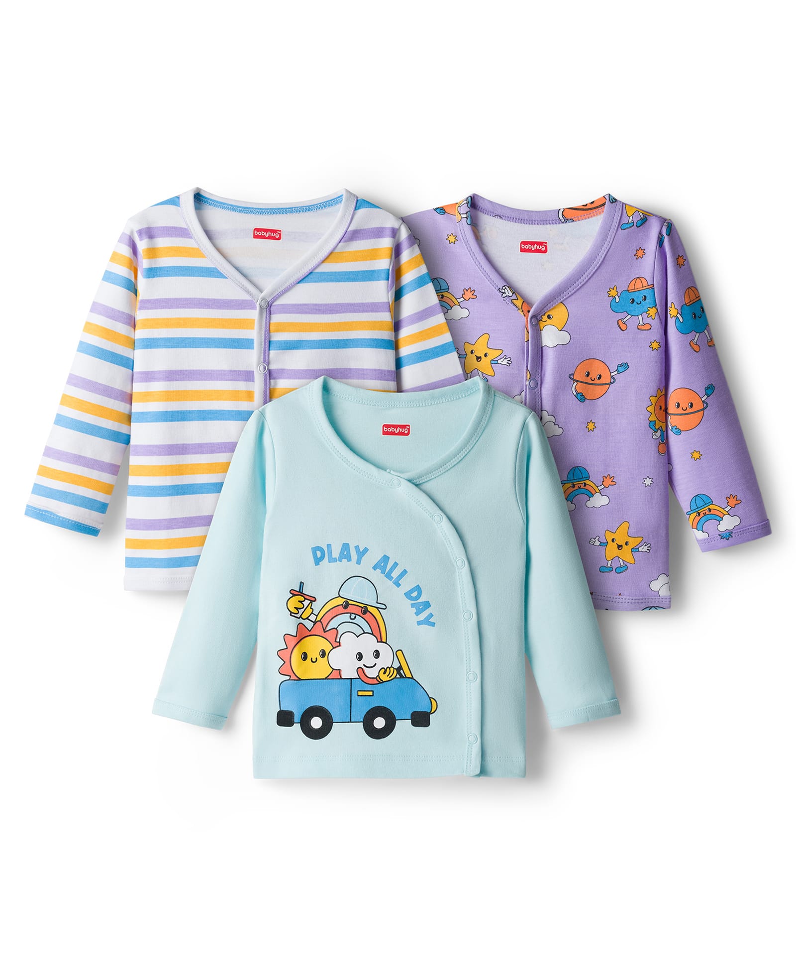 Babyhug Interlock Knit Jhablas With Vehicle Print Pack Of 3 - Purple Light Blue & White-image-27