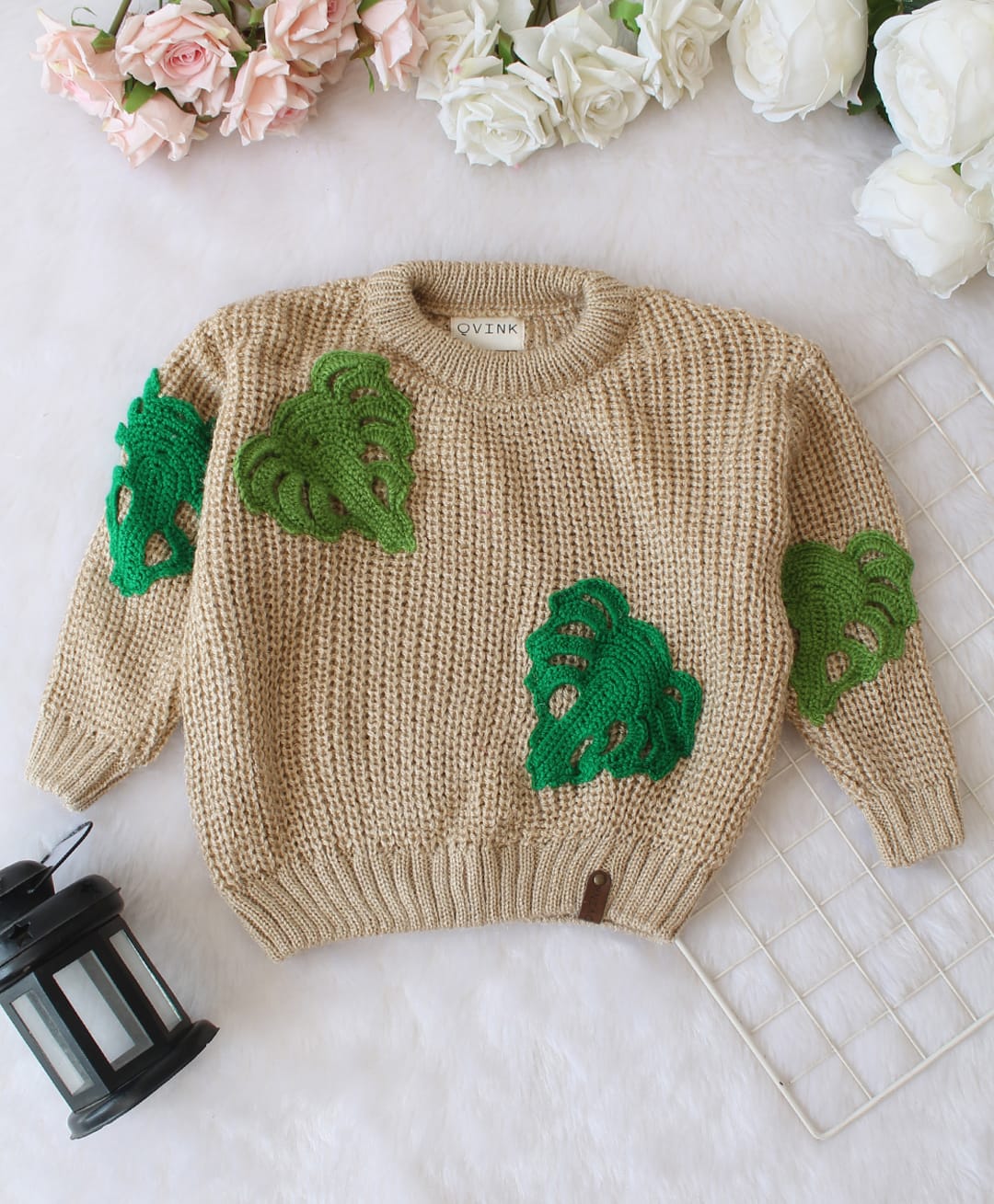 Qvink Knit Full Sleeves Leaves Embroidered Sweater - Beige-picture-38