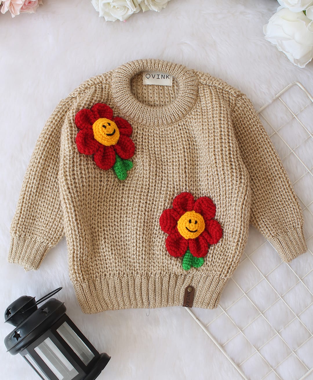 Qvink Knit Full Sleeves Floral Applique Detailed Sweater - Beige-picture-10