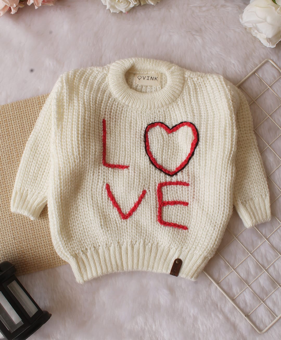 Qvink Knit Full Sleeves Love Text Embroidered Sweater - Cream-picture-27