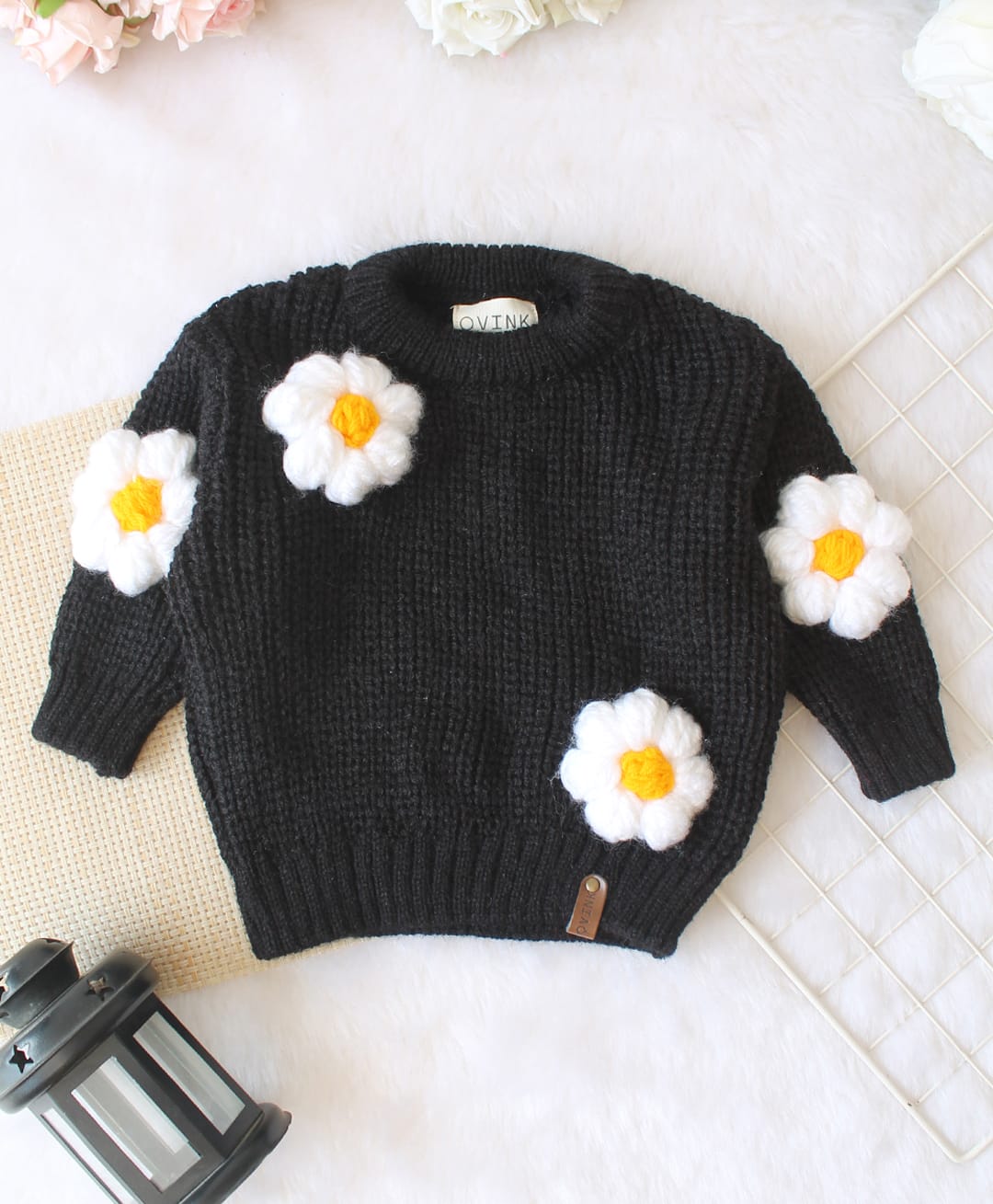 Qvink Knit Full Sleeves Floral Applique Detailed Sweater - Black-picture-10