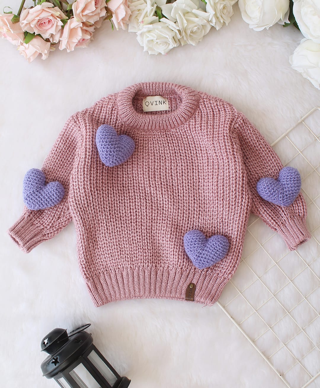 Qvink Knit Full Sleeves Heart Applique Detailed Sweater - Light Pink-picture-9