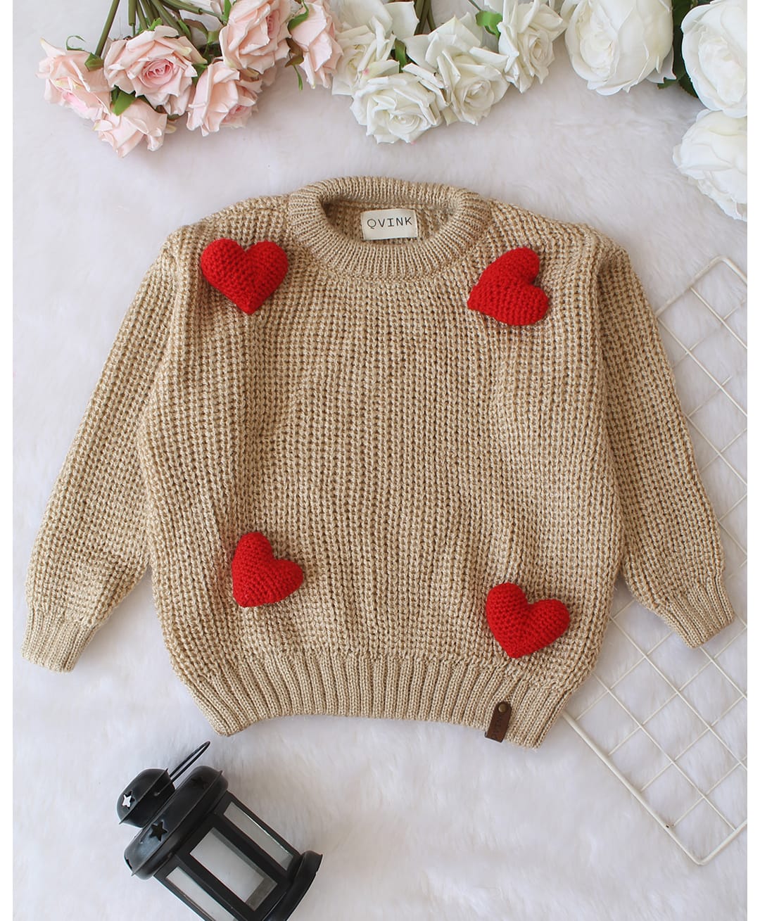 Qvink Knit Full Sleeves Heart Applique Detailed Sweater - Beige-picture-41