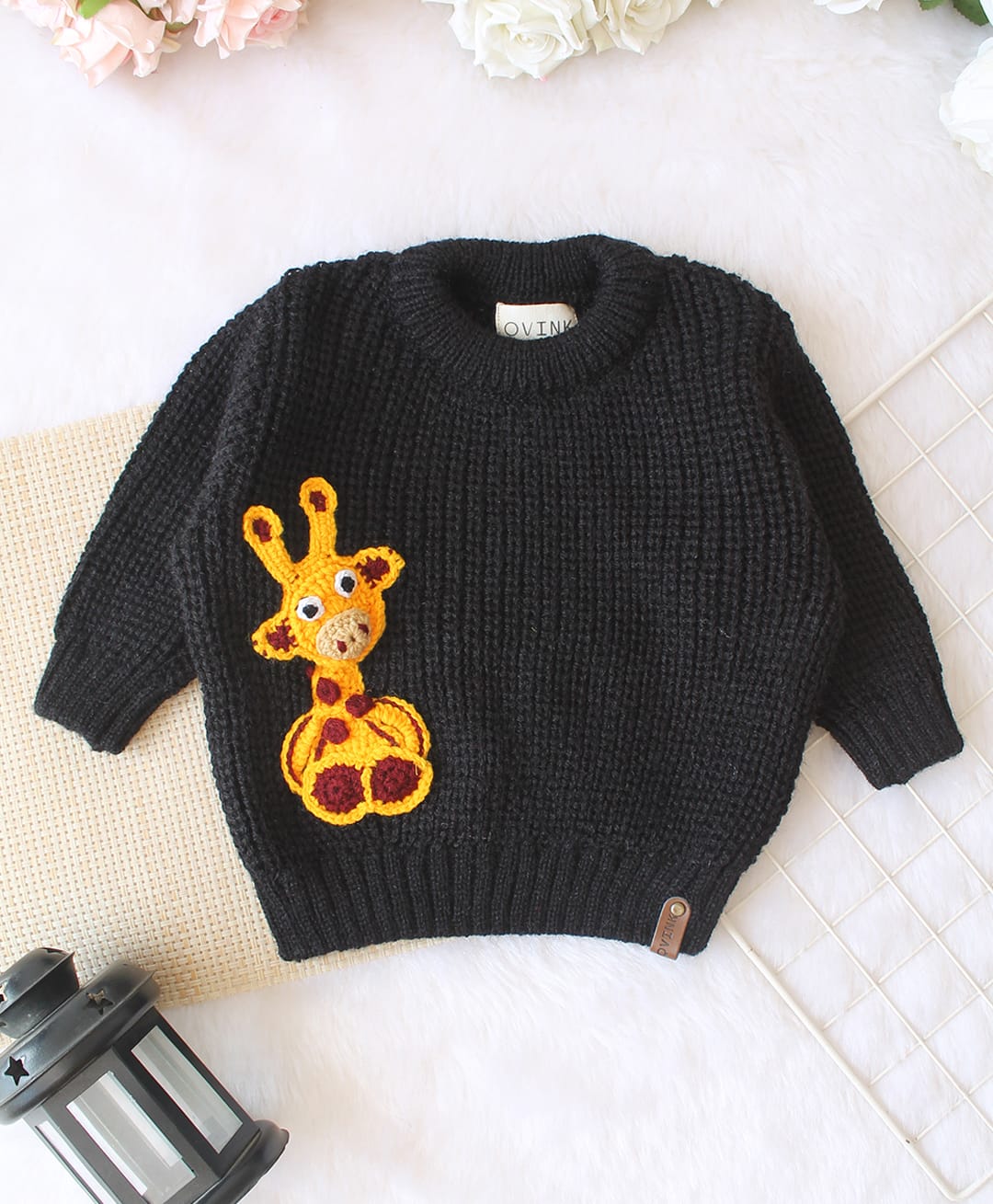 Qvink Knit Full Sleeves Giraffe Designed Sweater - Black-picture-20