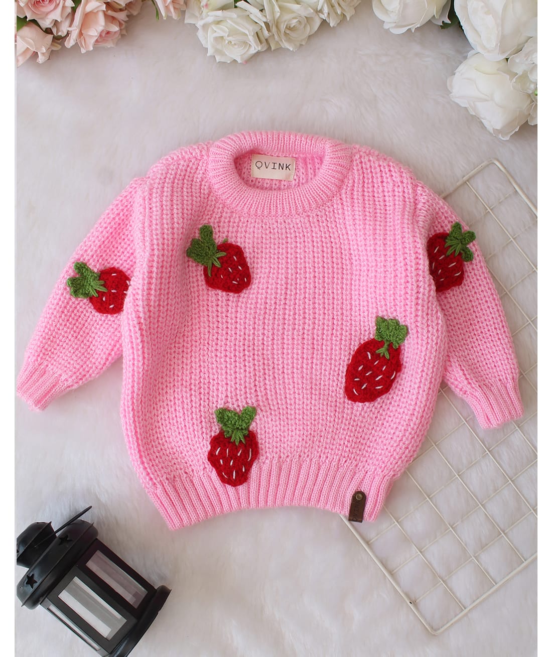 Qvink Knit Full Sleeves Strawberry Designed Sweater - Pink-picture-46