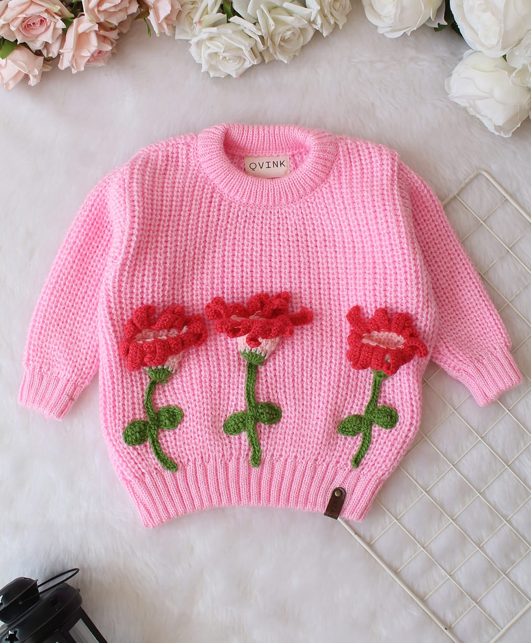 Qvink Knit Full Sleeves Floral Designed Sweater - Pink-picture-42