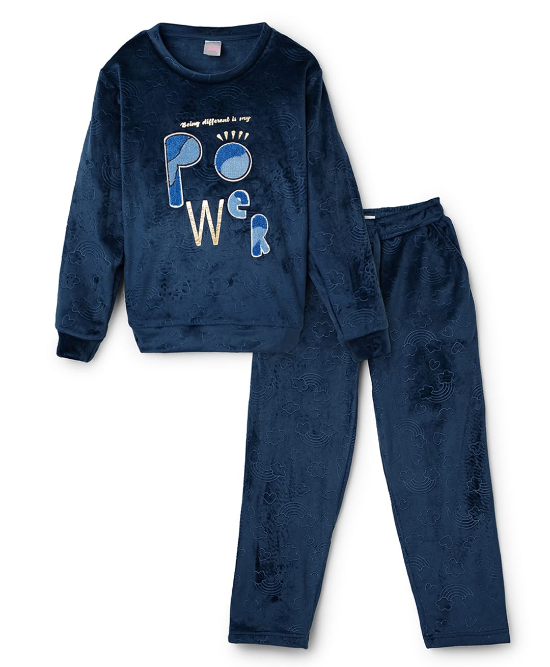Sportking Cotton Blend Knit Full Sleeves Power Text Embroidered Night Suit Set - Navy Blue-picture-34