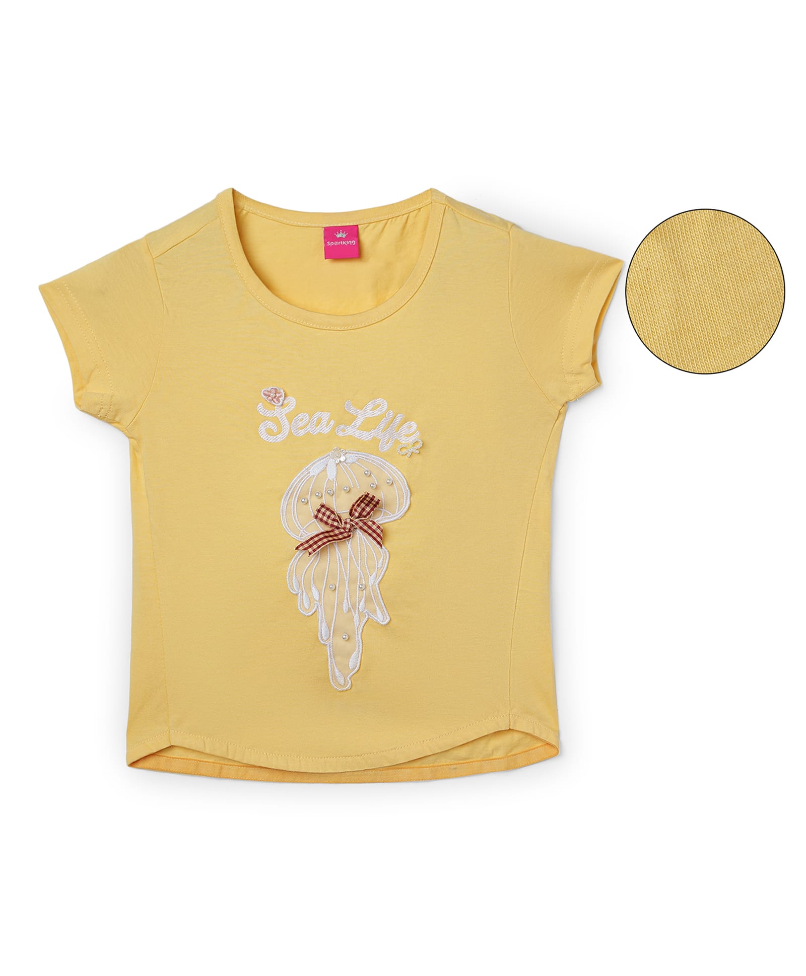 Sportking Cotton Blend Knit Half Sleeves Sea Life Text Jellyfish Patch Designed Top - Yellow-picture-8