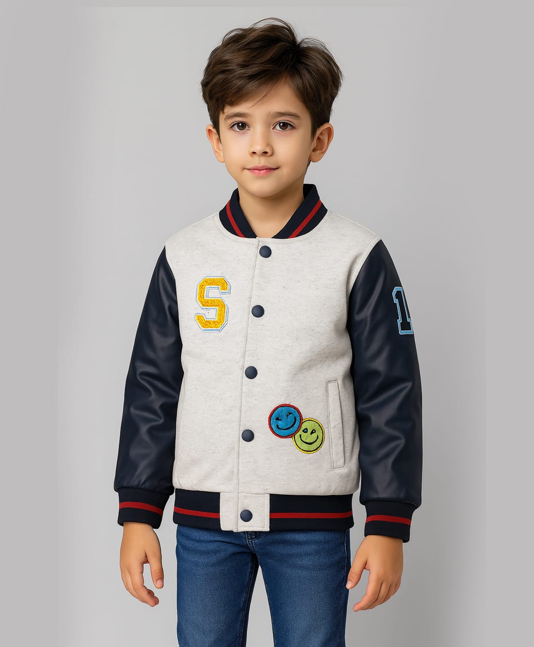 Sportking Knit Full Sleeves Patch Embroidered Light Winter Varsity Jacket - Melange-picture-13