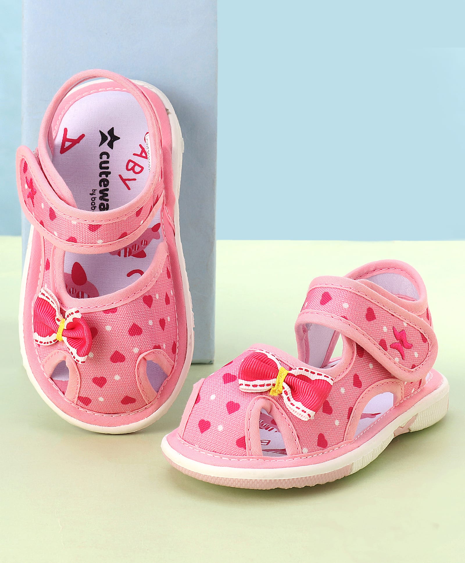 Cute Walk by Babyhug Velcro Closure Sandals with Bow Applique & Heart Print - Pink-image-31