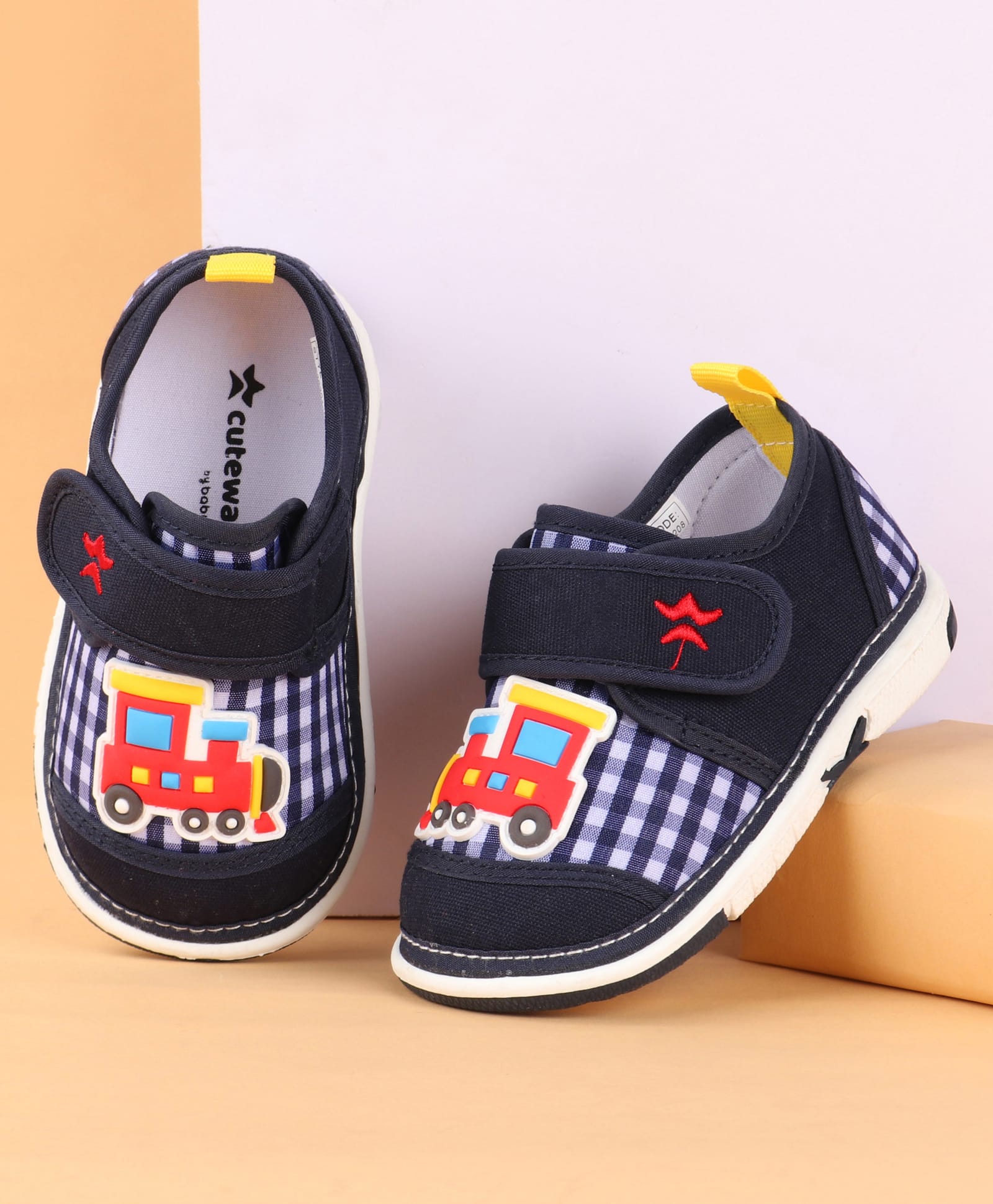 Cute Walk by Babyhug Velcro Closure Casual Shoes with Checks & Train Applique - Navy Blue-image-20