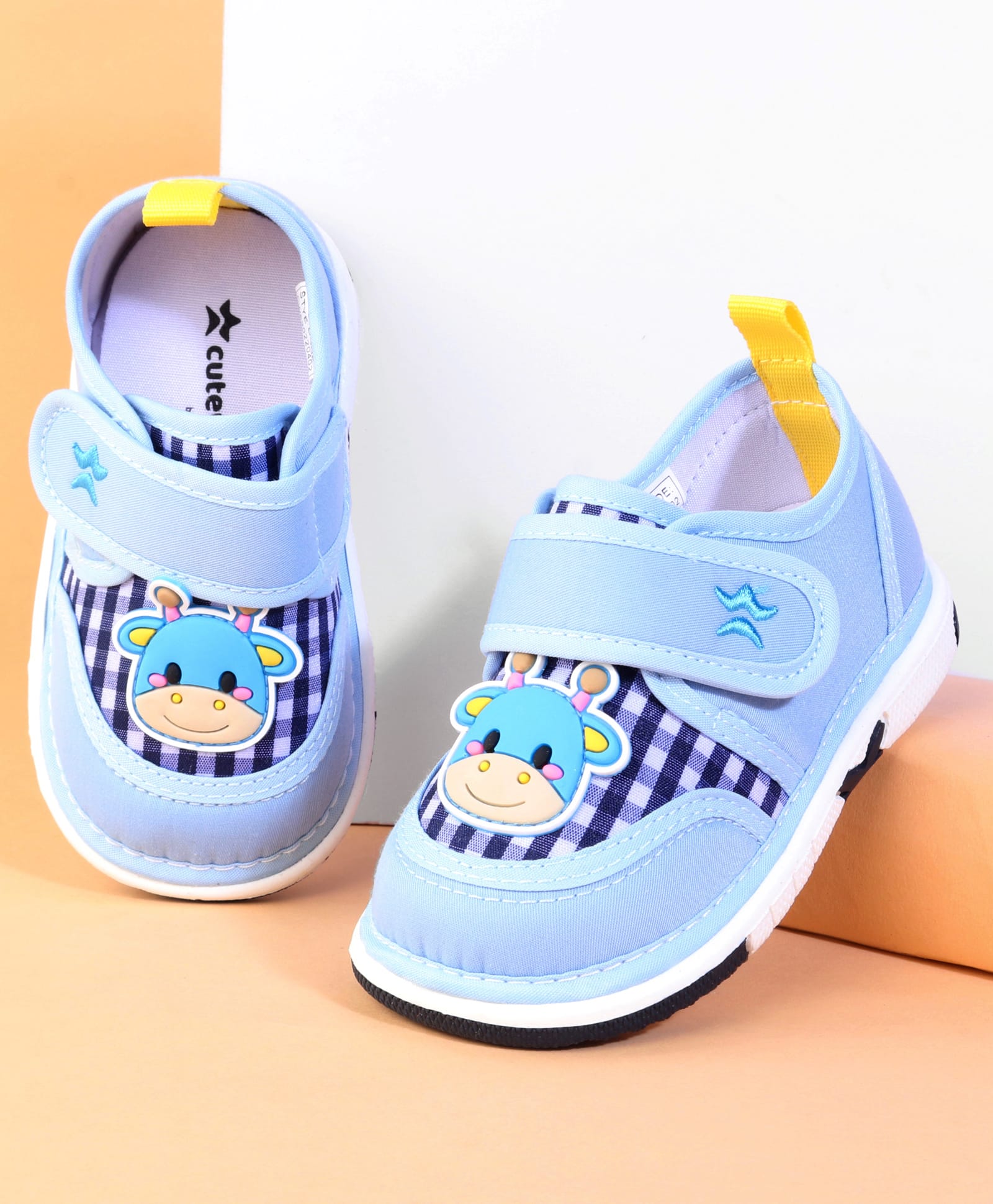 Cute Walk by Babyhug Velcro Closure Checks Casual Shoes With Cow Applique - Light Blue-image-32