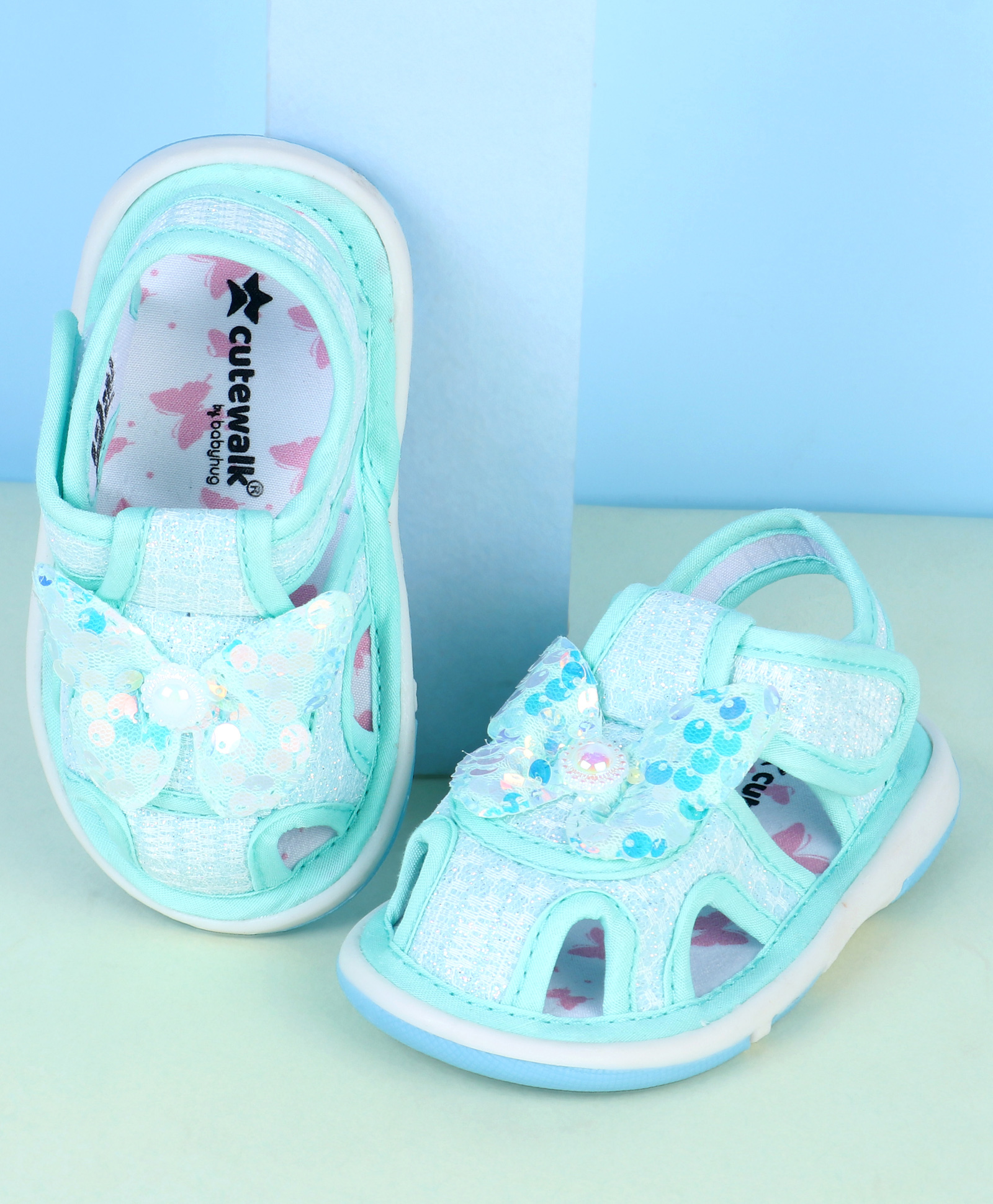 Cute Walk by Babyhug Velcro Closure Sandals With Butterfly Applique - Sea Green-image-34