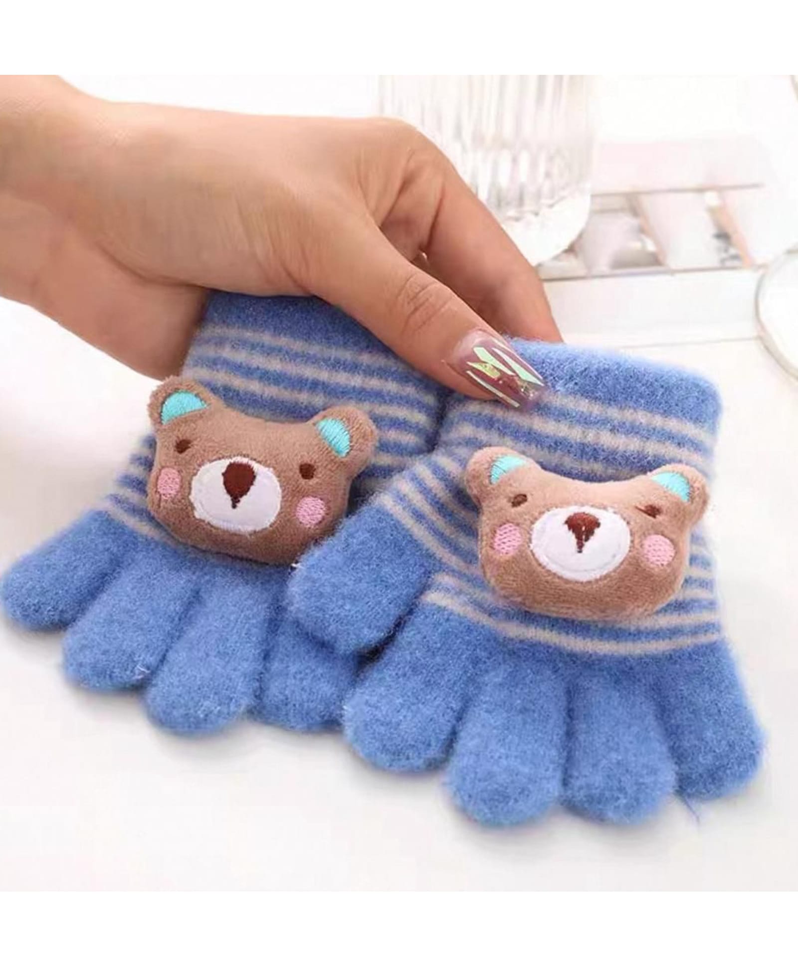 Ziory Wool Knit Striped & Baby Animal Applique Detailed Gloves - Blue-picture-12