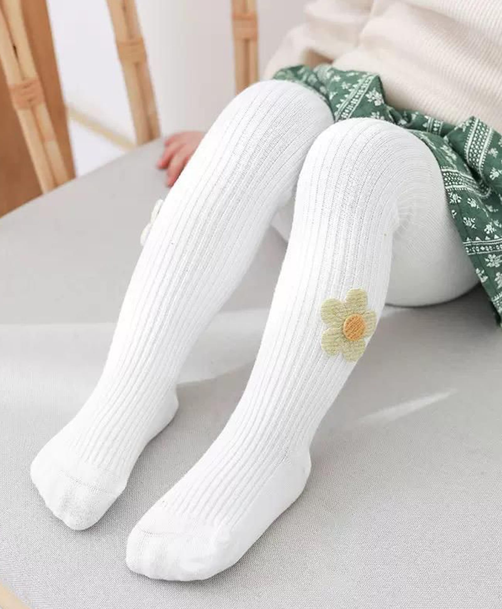 Ziory Cotton Knit Floral Applique Detailed Tights - White-image-44