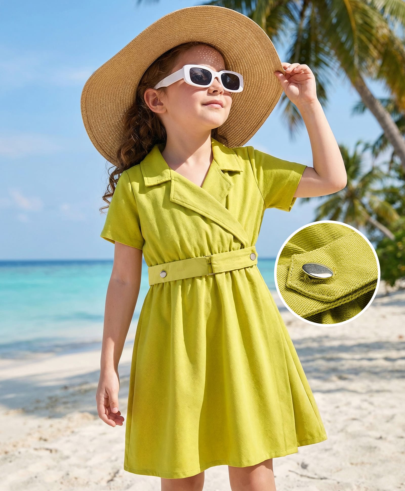 Hola Bonita Cotton Woven Half Sleeves Solid Color Dress with Belt - Light Green-image-42