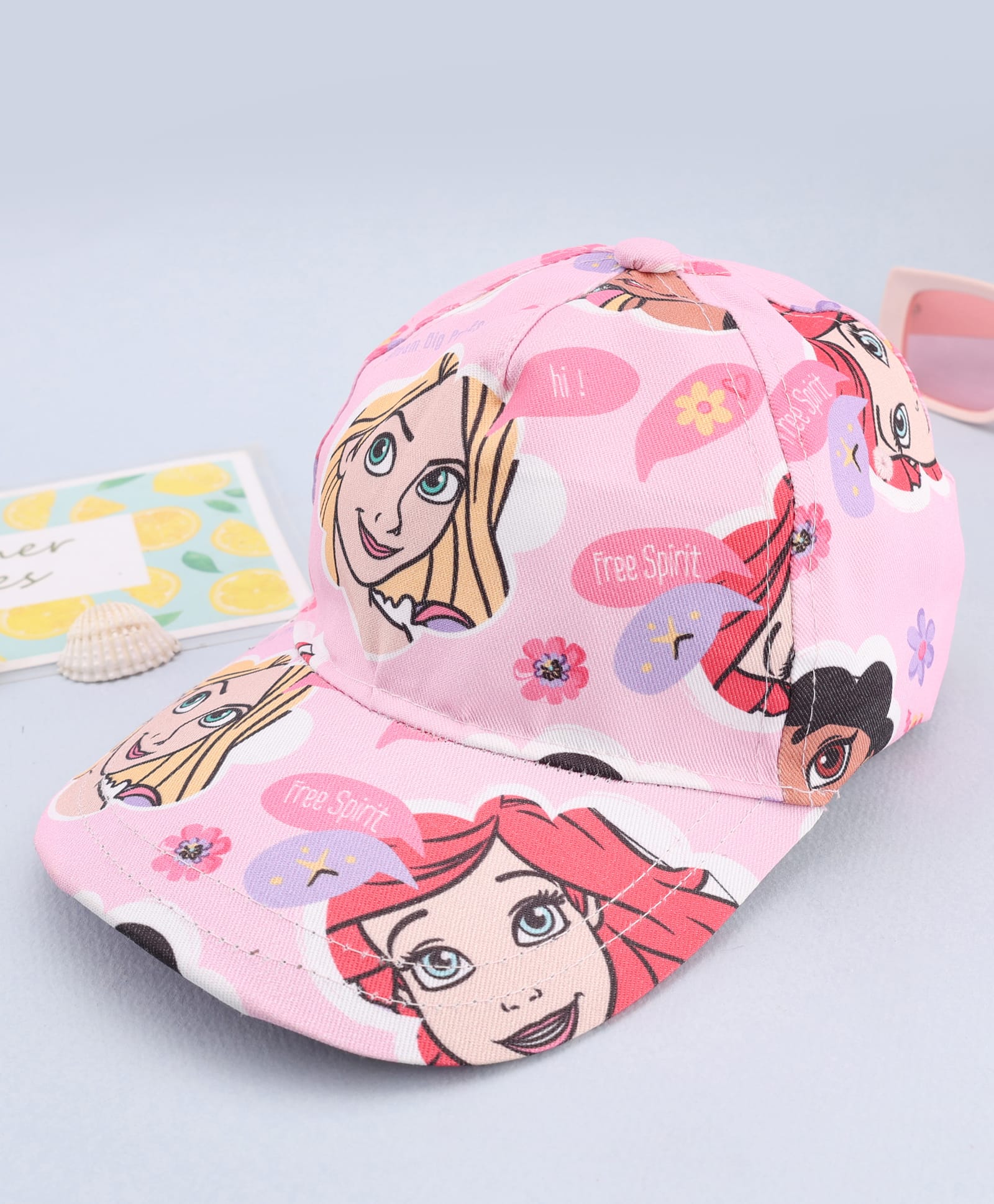Babyhug Disney Cotton Woven Summer Cap With Disney Princess Print Pink - Diameter 15 cm