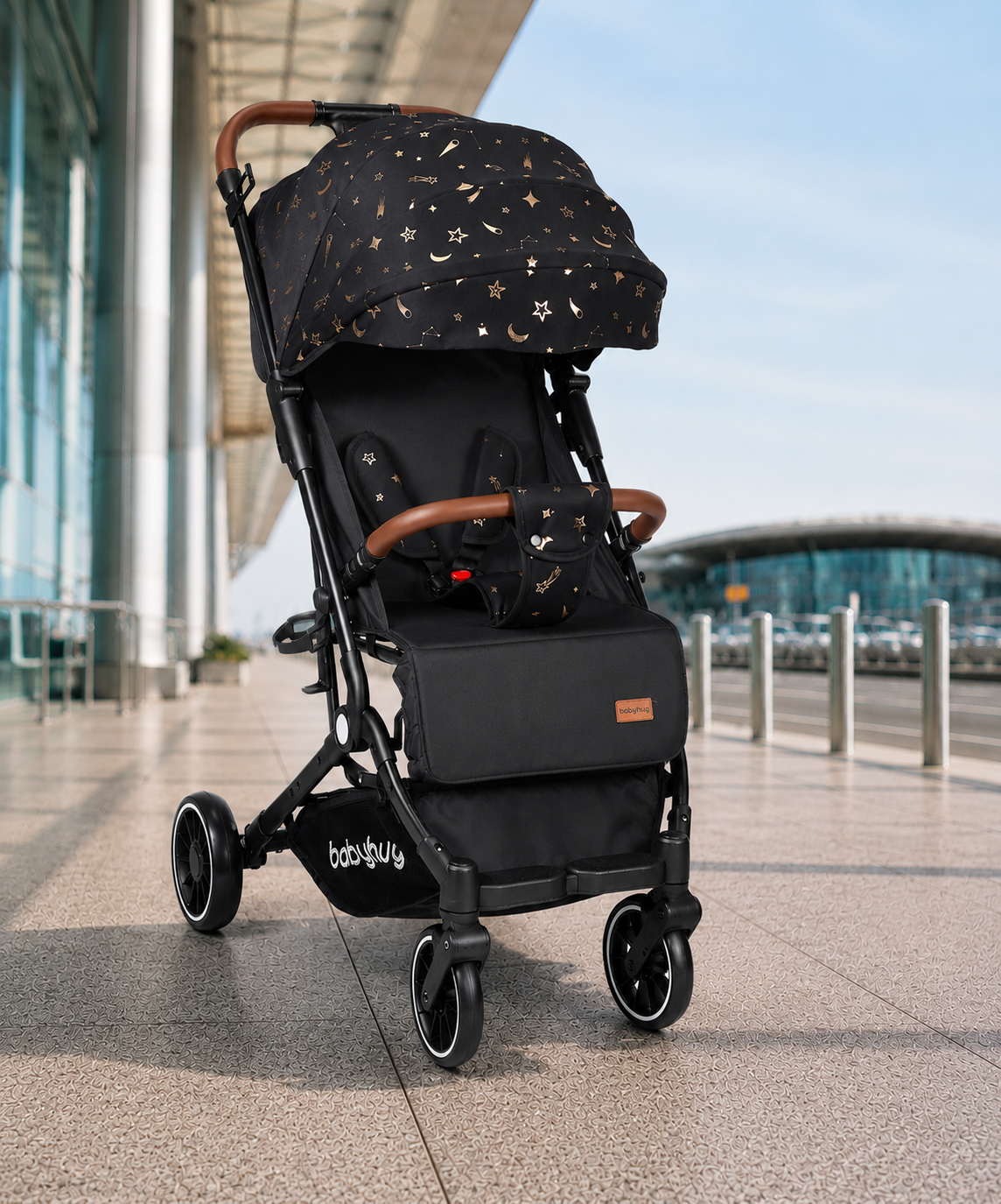 Babyhug Portable Baby Stroller with One-Hand Compact Fold Newborn Pram Concealed Linked Brake, Front Swivel Wheels, Safety Harness, Shock Absorbing Wheels Storage Basket Moon & Star Print - Black-image-17