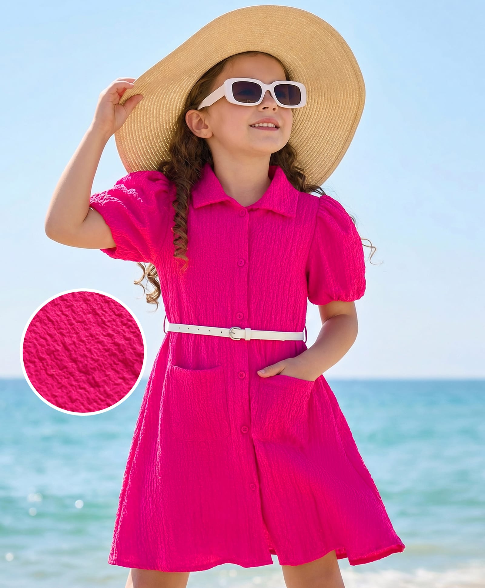 Hola Bonita Woven Half Puffed Sleeves Solid Color Dress with Belt - Pink-image-23