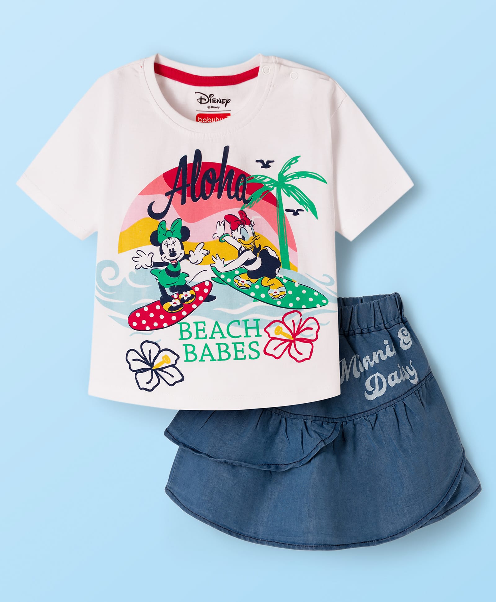Babyhug Disney Single Jersey Knit Half Sleeves T-Shirt & Skirt Set with Minnie & Friends Graphic - Navy Blue & White-image-1
