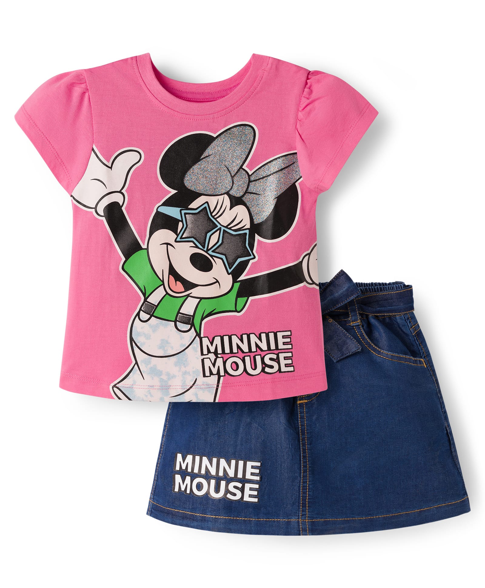 Babyhug Disney Single Jersey Knit Half Sleeves Top & Denim Skirt with Minnie Mouse Graphic - Pink & Blue-image-32