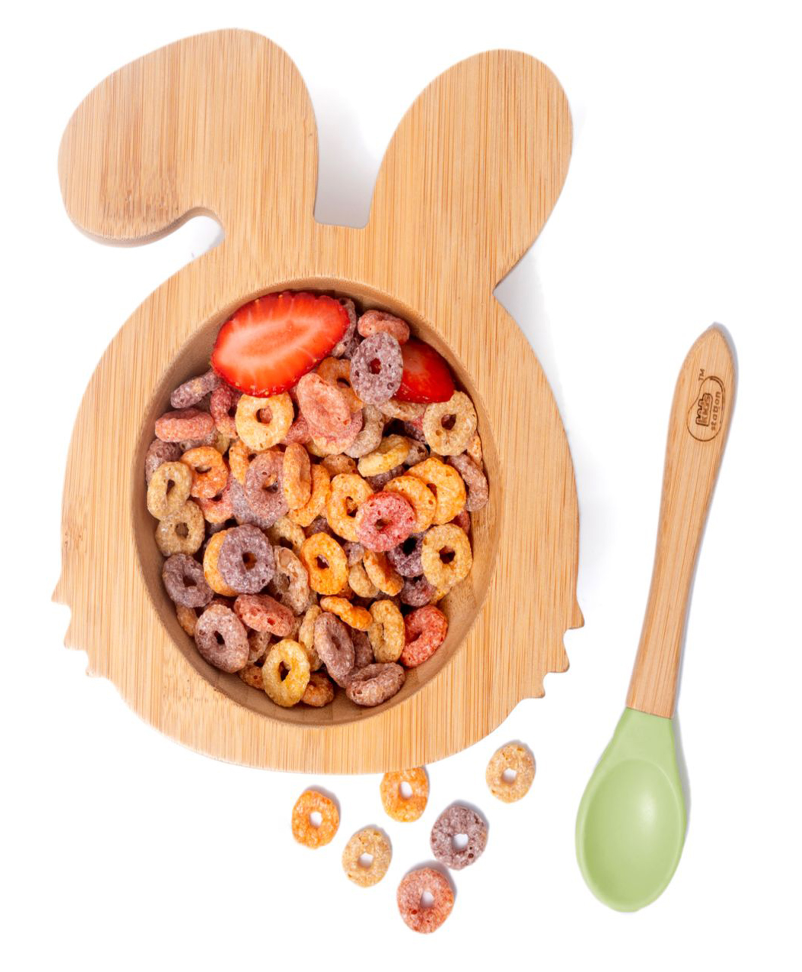 Kids Station Rabbit Wooden Bowl with Spoon Green | Natural Bamboo Baby Feeding Set-image-9