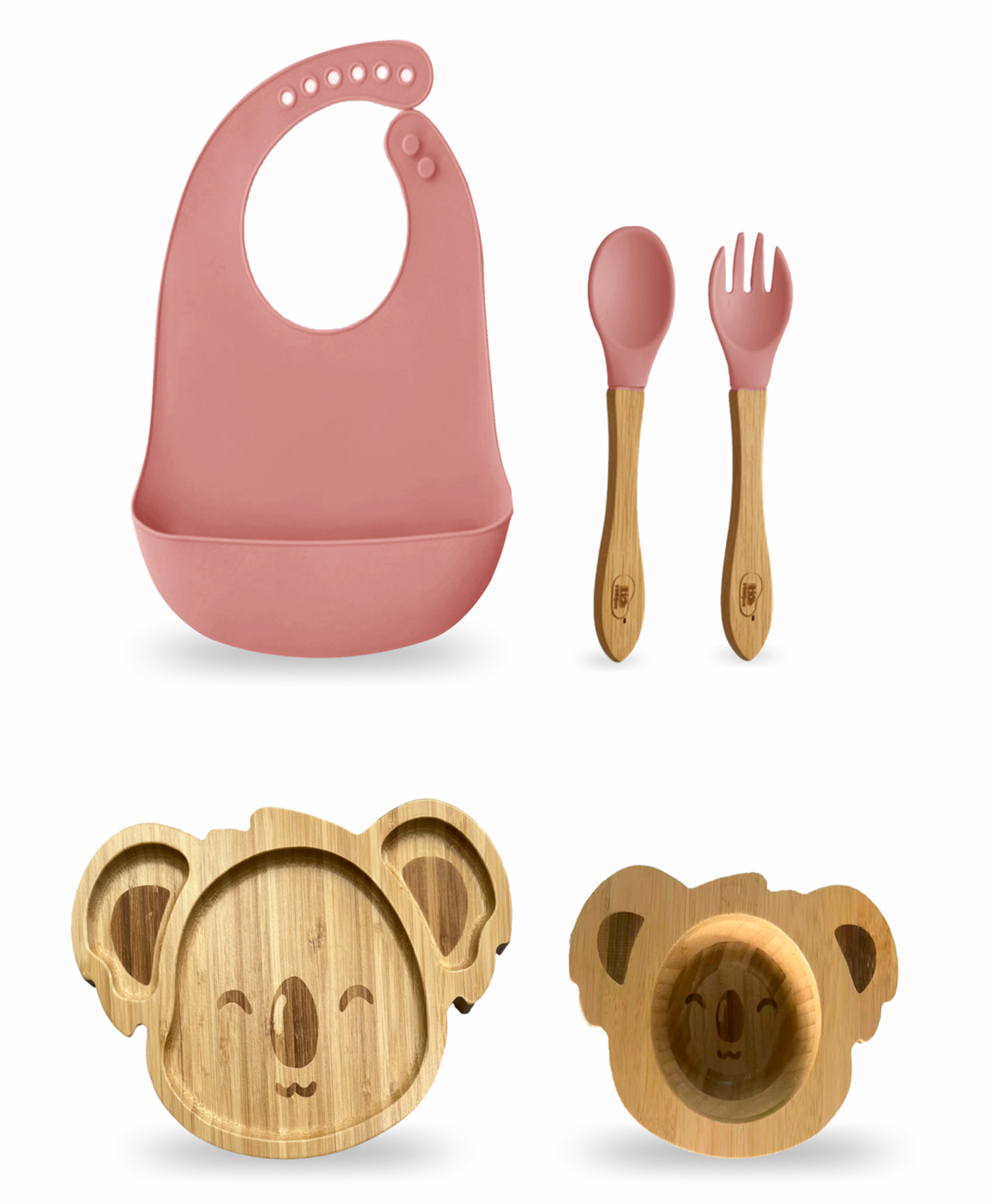 Kids Station Koala Feeding Set Plate, Bowl, Spoon, Fork, Bib & Sipper Pink (8 pcs) | Premium Silicone Baby Feeding Set-image-18