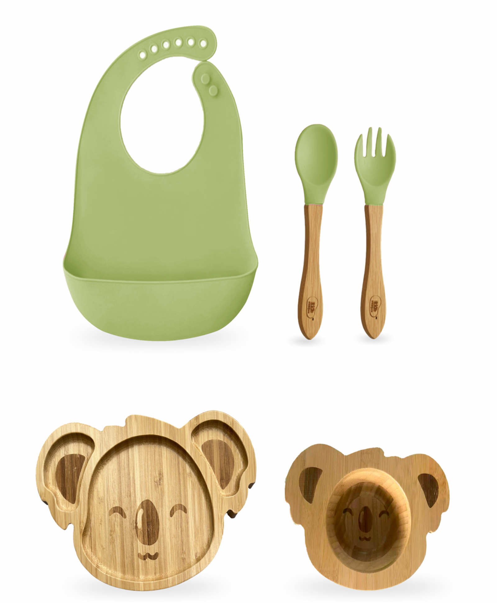 Kids Station Koala Feeding Set Plate, Bowl, Spoon, Fork, Bib & Sipper Green (5 pcs) | Non-Toxic Baby Feeding Essentials-image-20