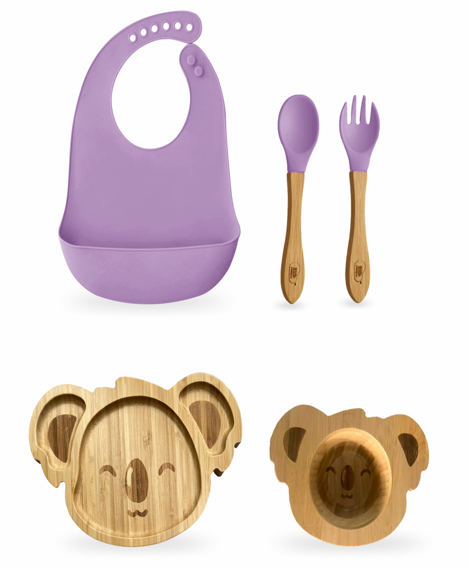 Kids Station Koala Feeding Set Plate, Bowl, Spoon, Fork, Bib & Sipper Purple (5 pcs) | Safe & Durable Silicone Mealtime Set-image-29