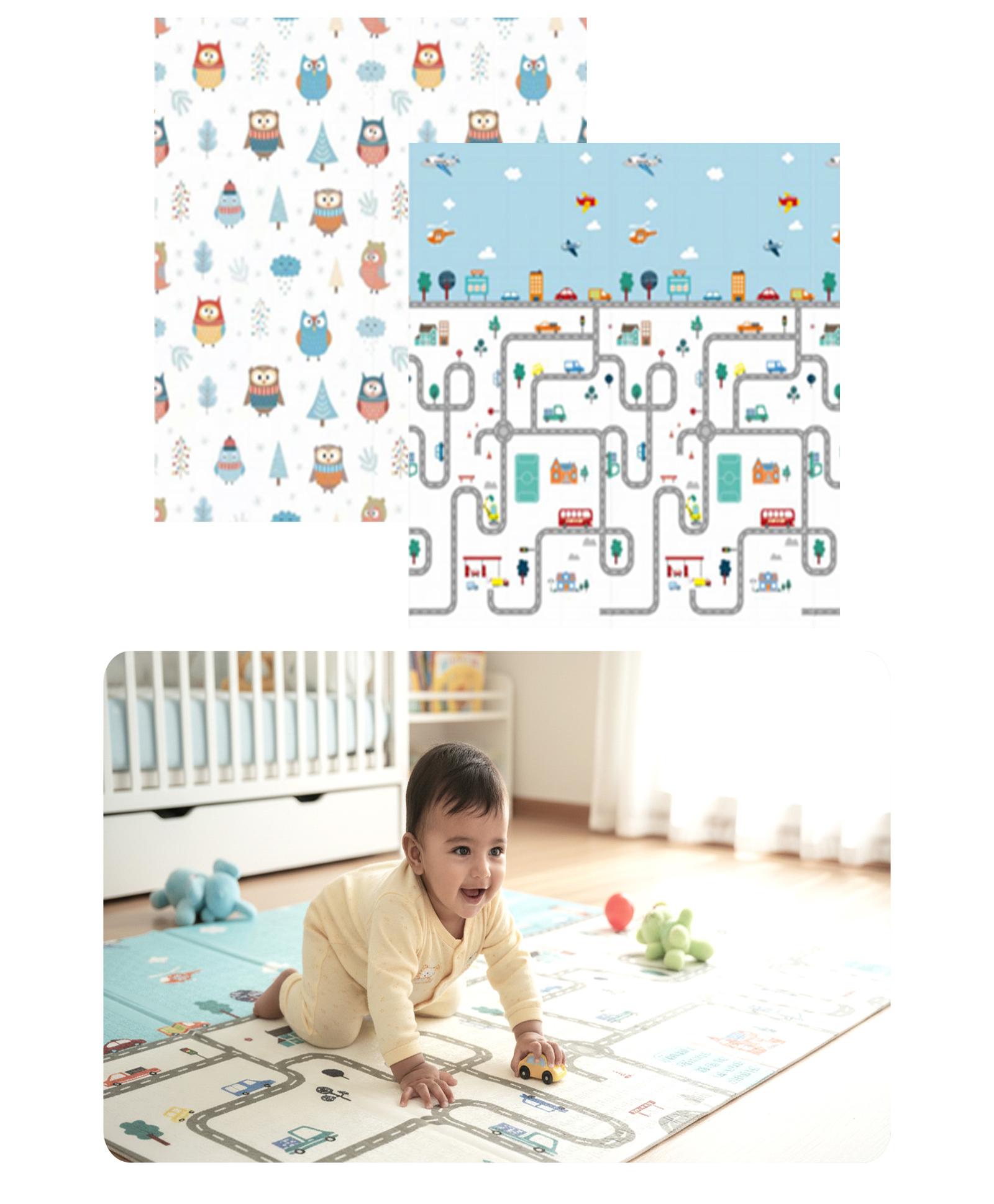 Kids Station Baby Play Mat 150×200 cm Winter Owl & City with Red Bus Print, Reversible, Waterproof Crawling Mat-image-3