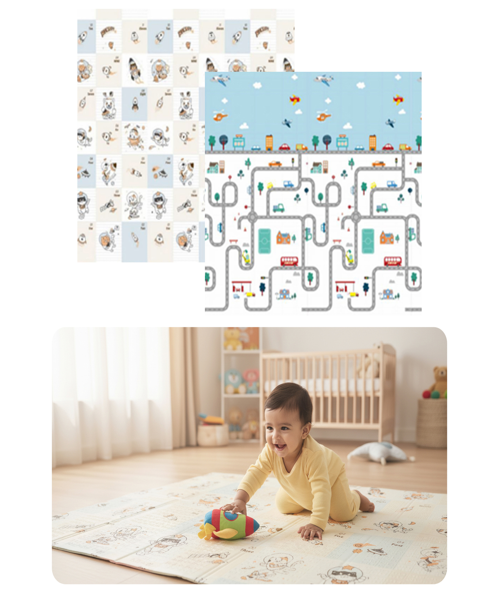 Kids Station Baby Play Mat 150×200 cm City with Red Bus & Rocket Print, Double-Sided Waterproof Play Mat-image-23