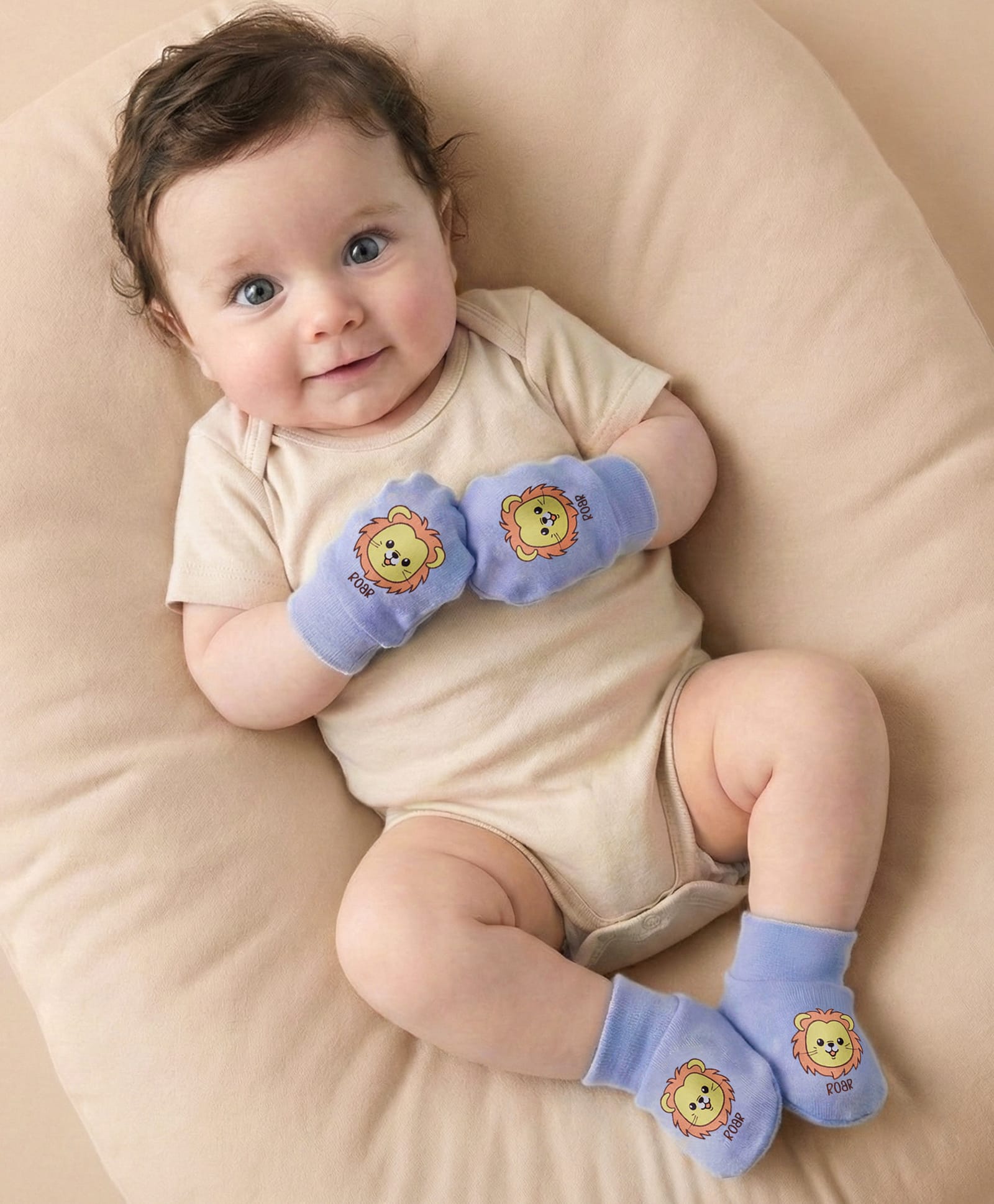 Babyoye 100% Cotton Interlock Knit Mittens & Booties With Lion Print - Blue-image-28