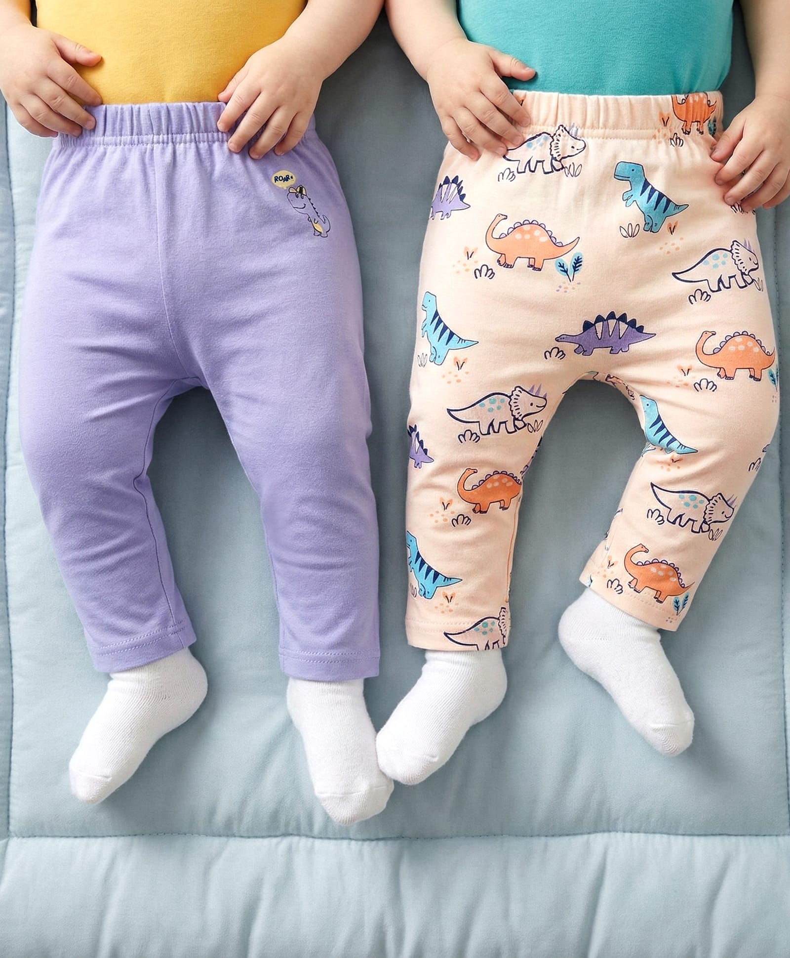 Babyoye Interlock Knit Full Length Diaper Leggings With Dino Print Pack Of 2 - Purple & Peach-image-33