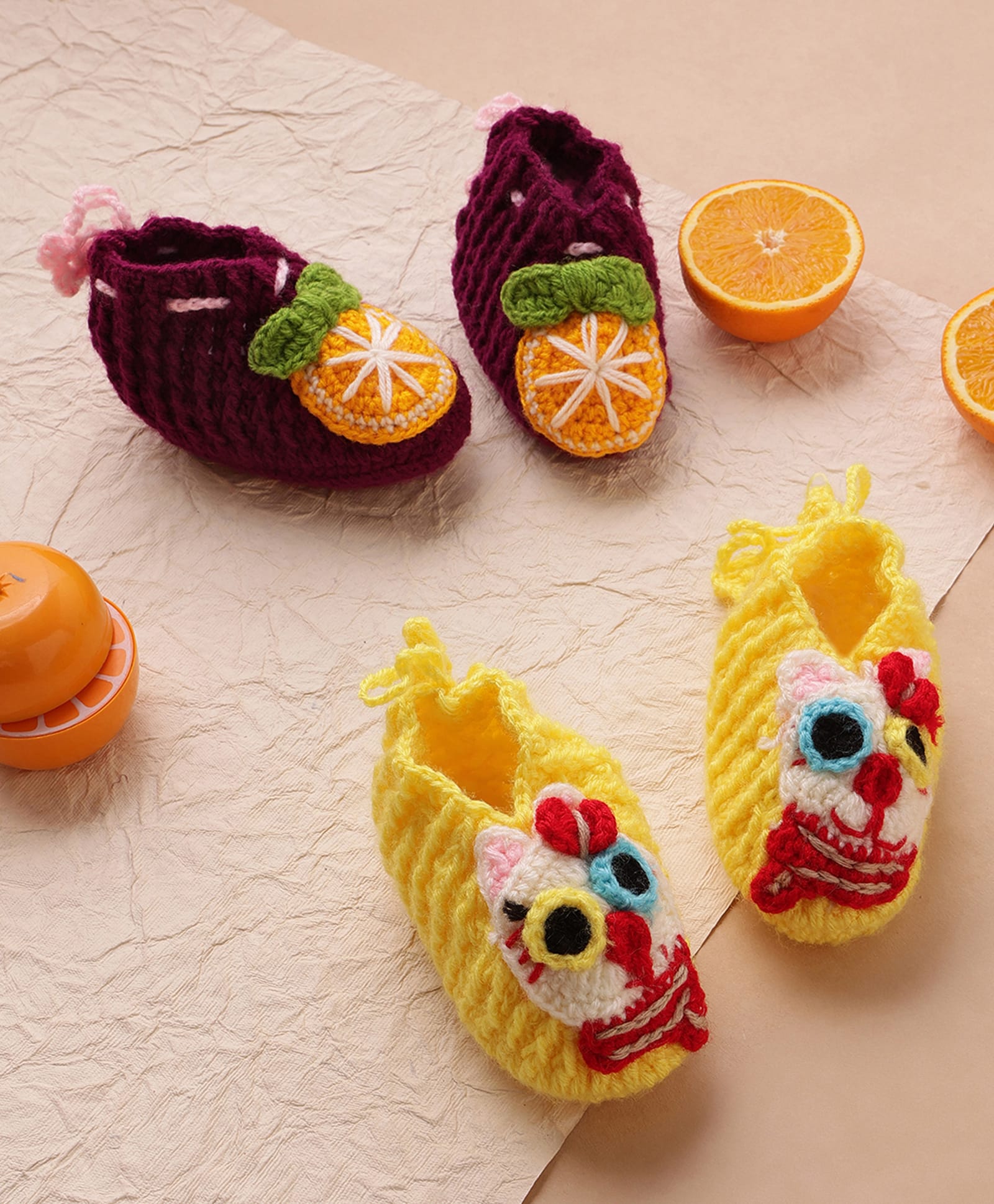 MayRa Knits Hand Knitted Woven Pack Of 2 Fruits & Animal Applique Detailed Booties - Magenta & Yellow-picture-14