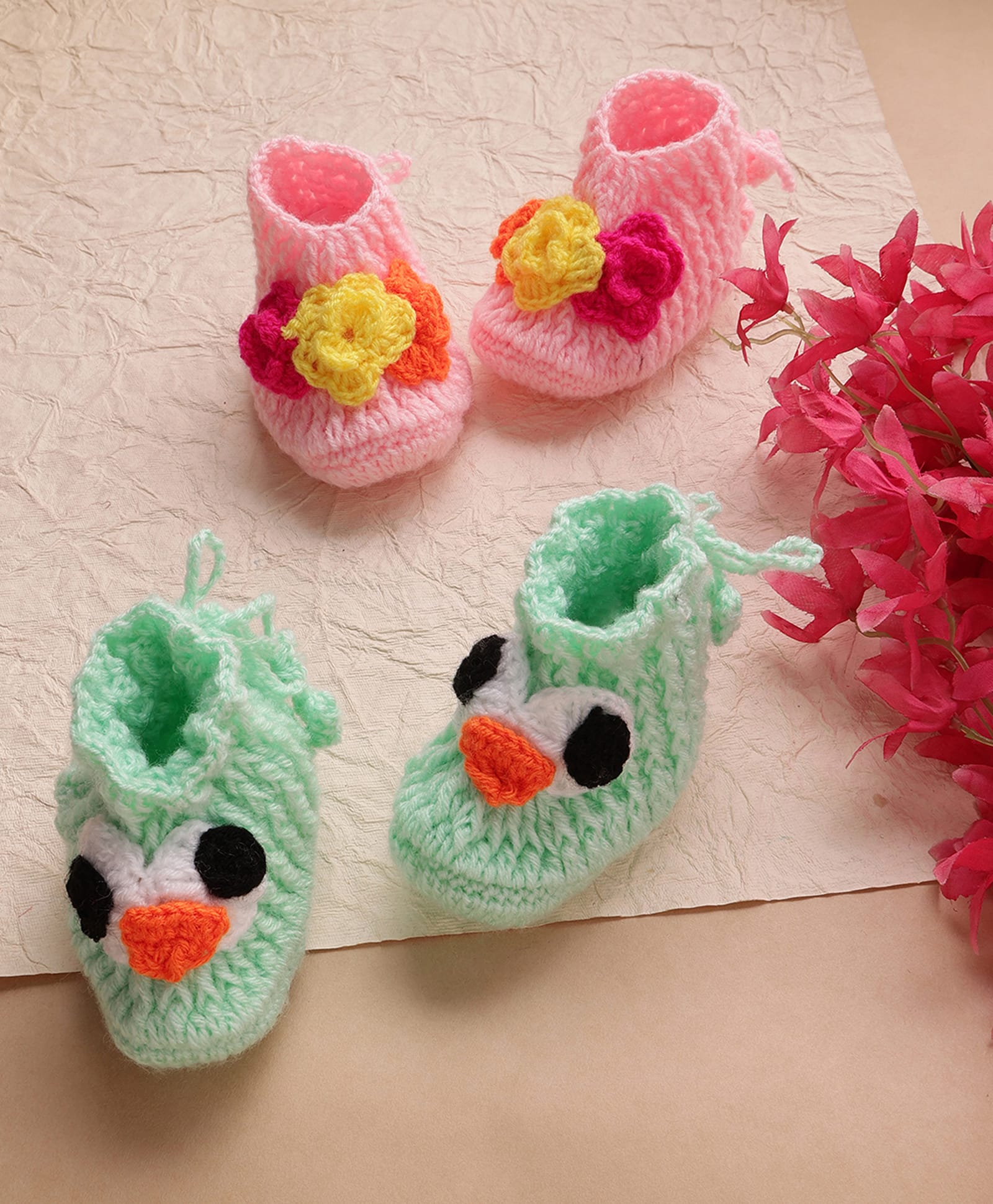 MayRa Knits Hand Knitted Woven Pack Of 2 Floral & Bird Applique Detailed Booties - Sea Green & Pink-picture-15