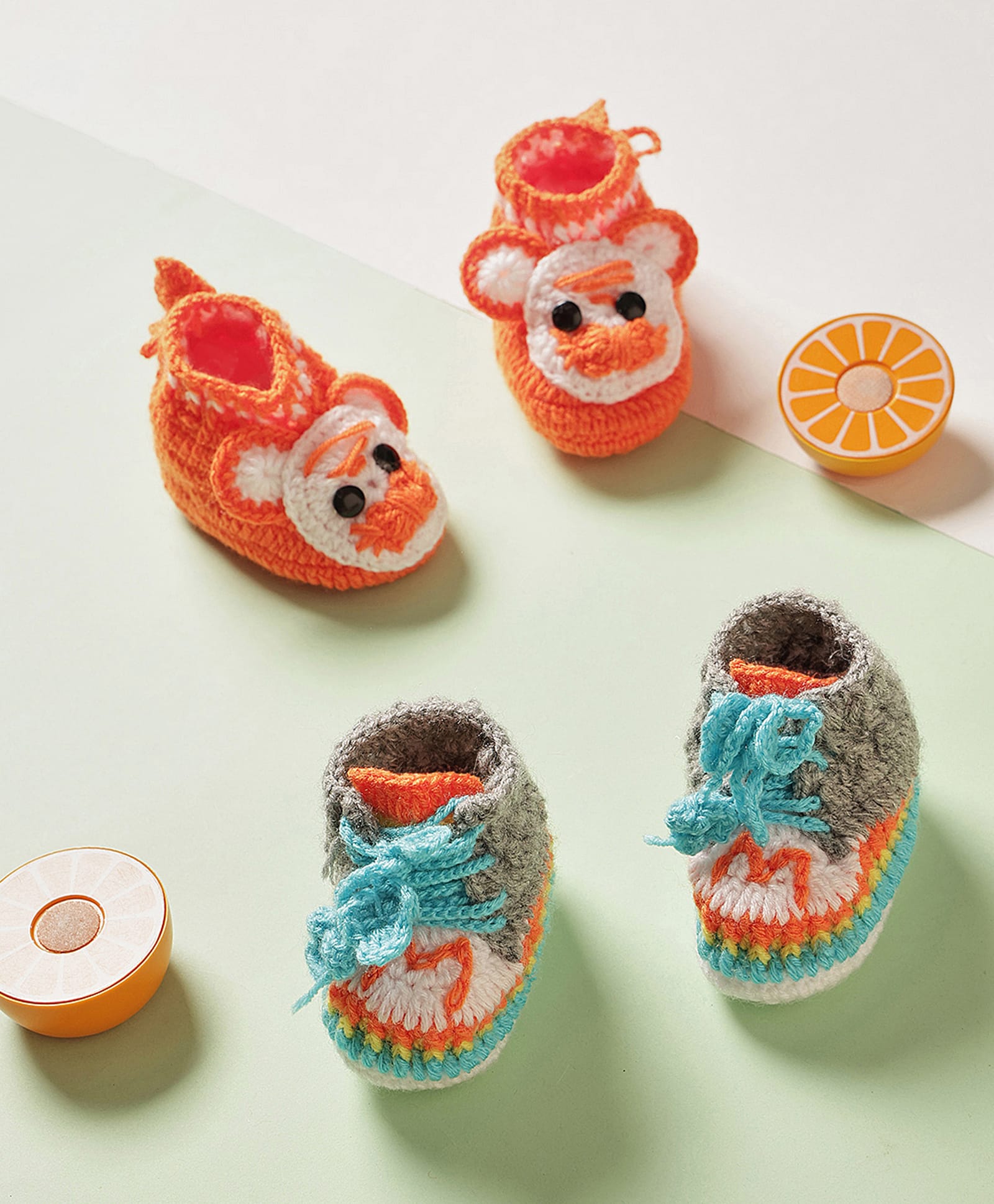 MayRa Knits Hand Knitted Woven Pack Of 2 Teddy & M Text Applique Detailed Booties - Grey & Orange-picture-18