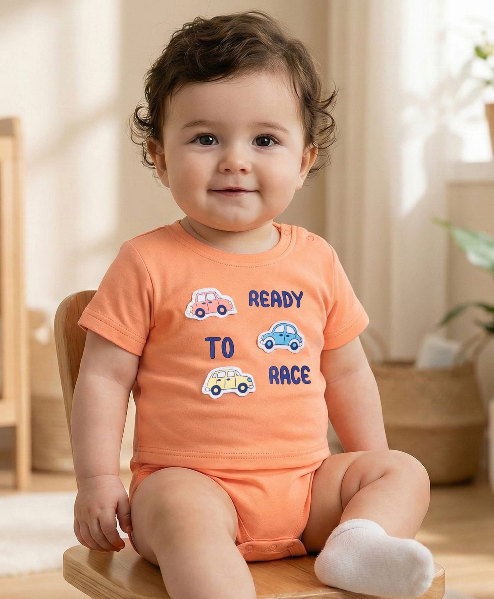 Babyoye 100% Cotton Knit Half Sleeves Onesie with Car Print & Patch Detailing - Orange-picture-18