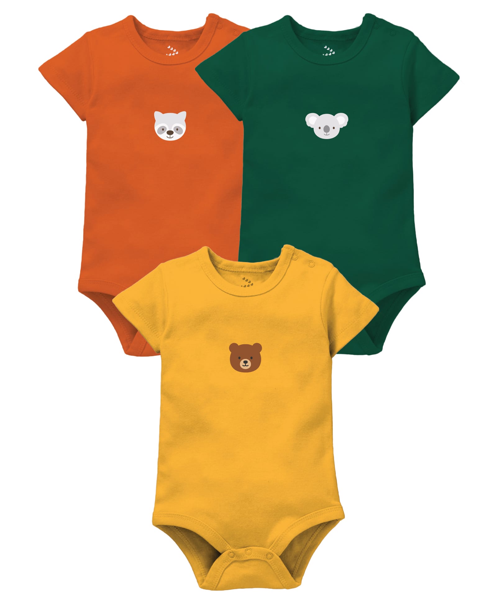 Zeezeezoo 100% Cotton Knit Pack Of 3 Half Sleeves Koala & Bear Printed Onesies - Forest Green Orange & Yellow-picture-45
